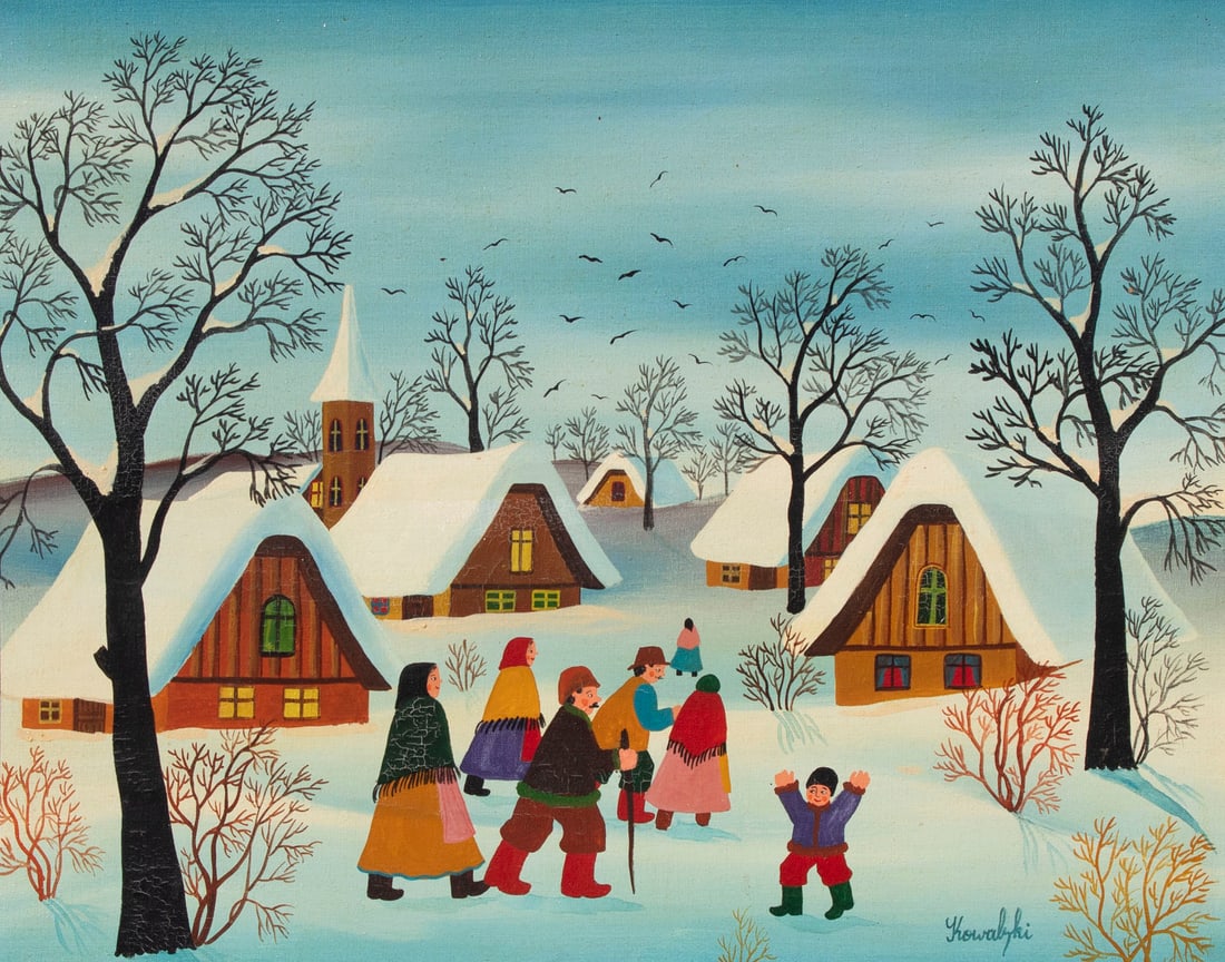 Anton Kowalski (b. 1926) Hungarian: WINTER SCENE, oil painting on canvas, signed lower right, with inventory numbers on verso, 16 x 20”, frame 23 ¾ x 27 ¾”.