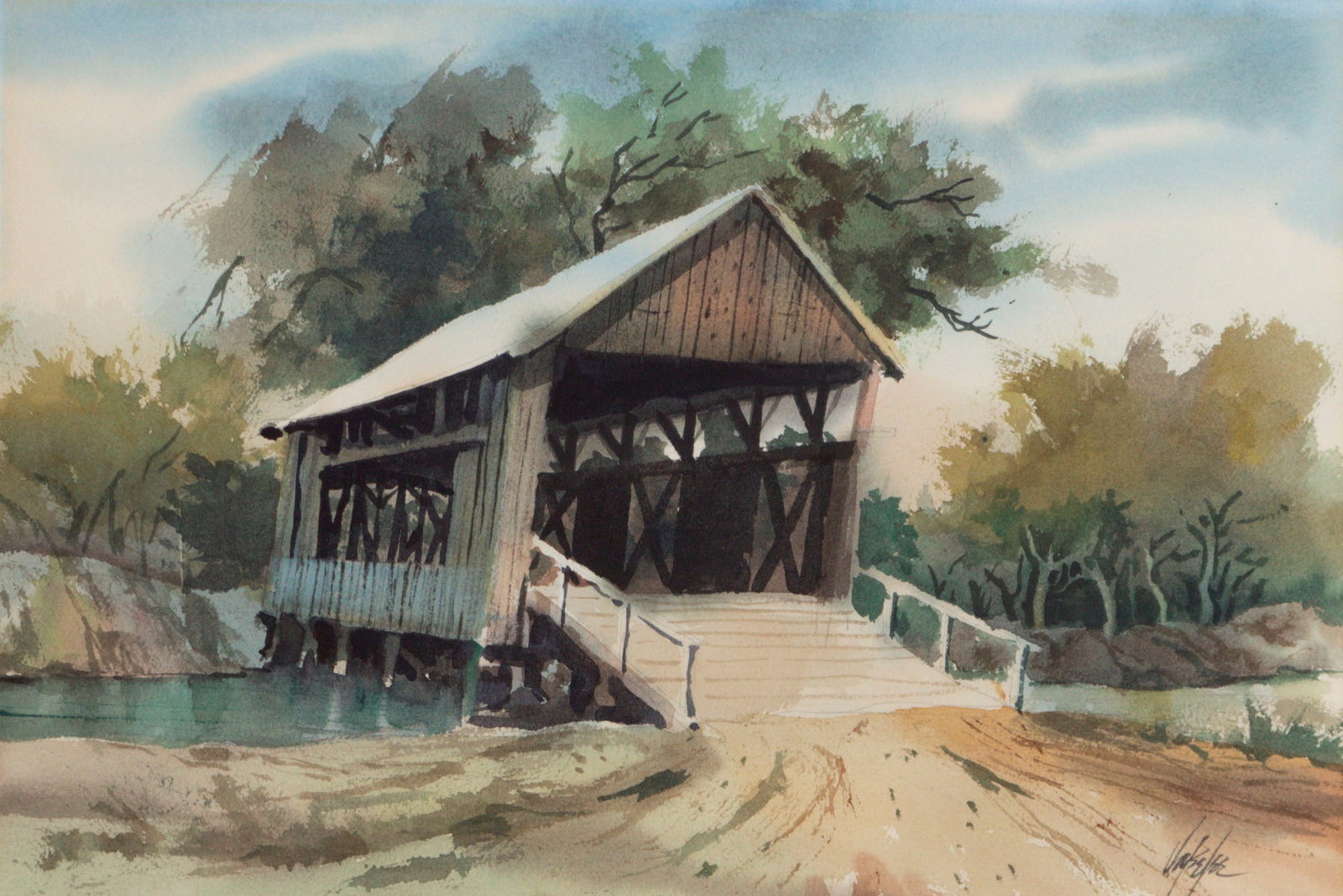 Jake Lee (1915-1991) California: COVERED BRIDGE, watercolor on paper, signed lower right, sight 13 ¼ x 19 ¾”, frame 22 ¼ x 27 ¾” with glass.