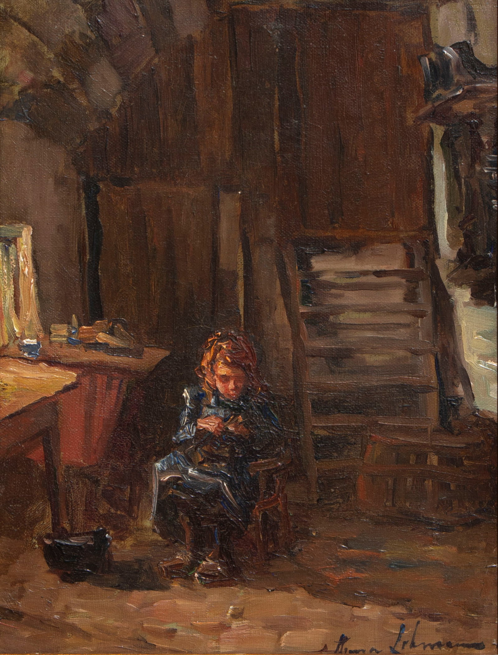 Anna Elisabeth Frederika Lehmann (1876-1956) Dutch: GIRL SEWING, oil painting on canvas, signed lower right and on artist’s label on verso, 11 x 8 ¼”, frame 15 ¼ x 13”.