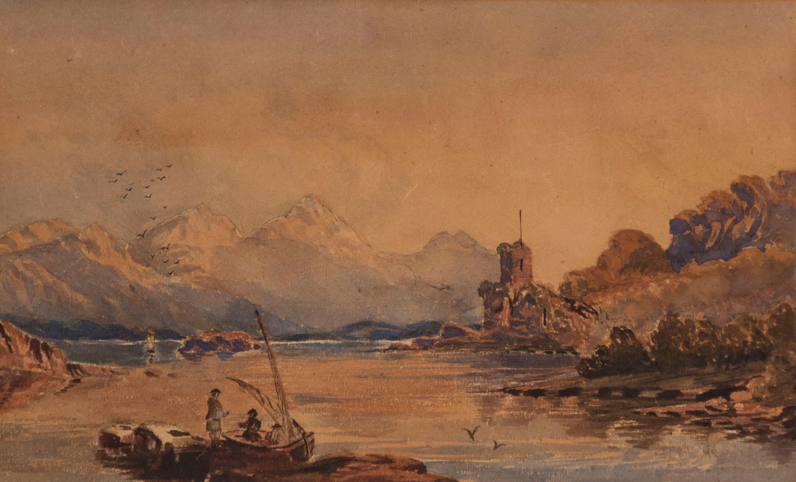 William Leighton Leitch (1804-1883) Scotland London: RUINED CASTLE ON LAKE, circa 1880, watercolor on paper, a signature not found, sight 8 ½ x 14”, frame 17 x 22” with glass.