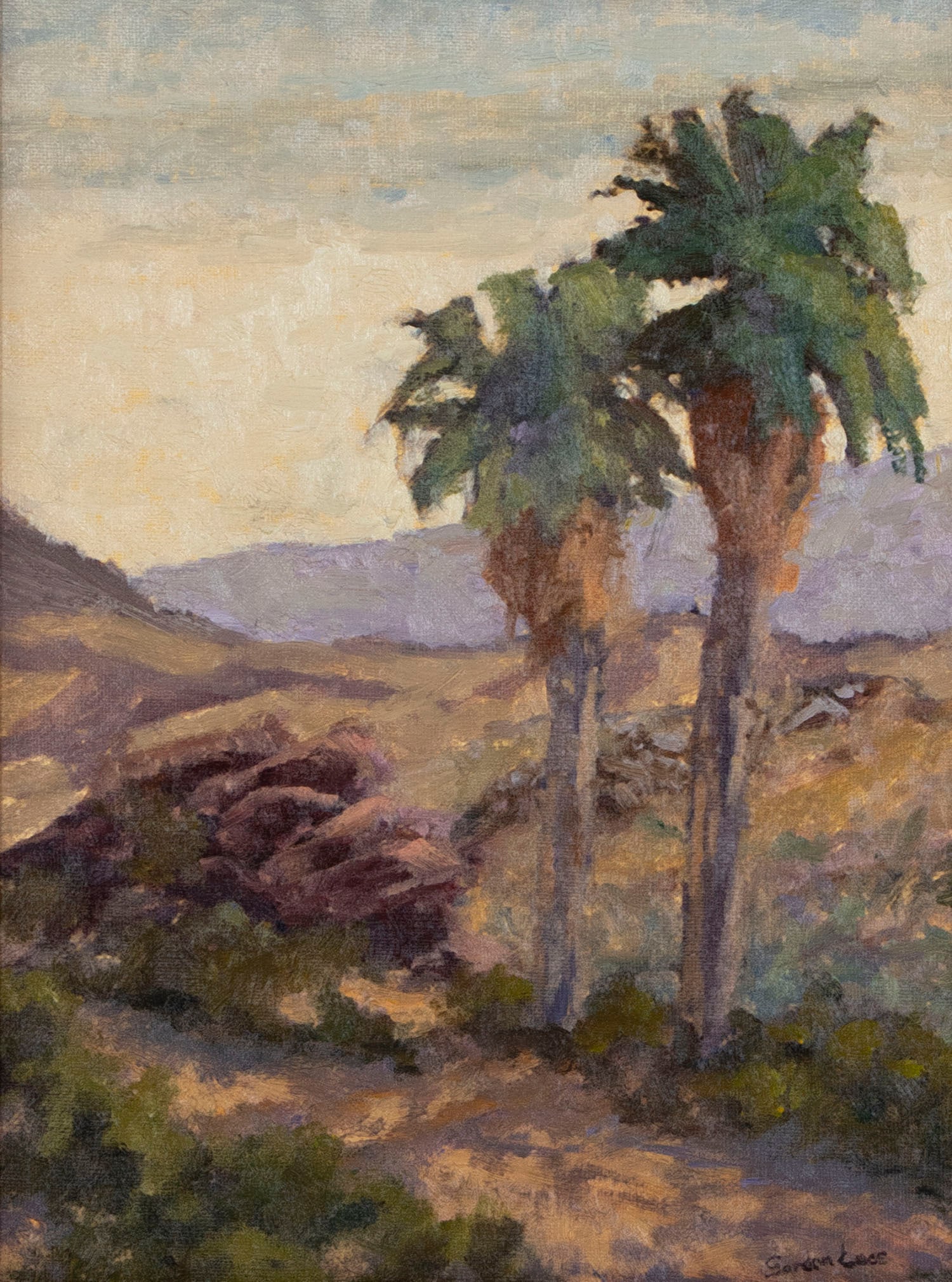 Gordon Luce (20th/ 21st Century) California: CLOSE FRIENDS, INDIAN CANYON PALM SPRINGS 2006, oil painting on canvas board, signed lower right, signed in marker and titled and dated in pencil on verso, 12 x 9”, frame 17 ½ x 14 ½ x