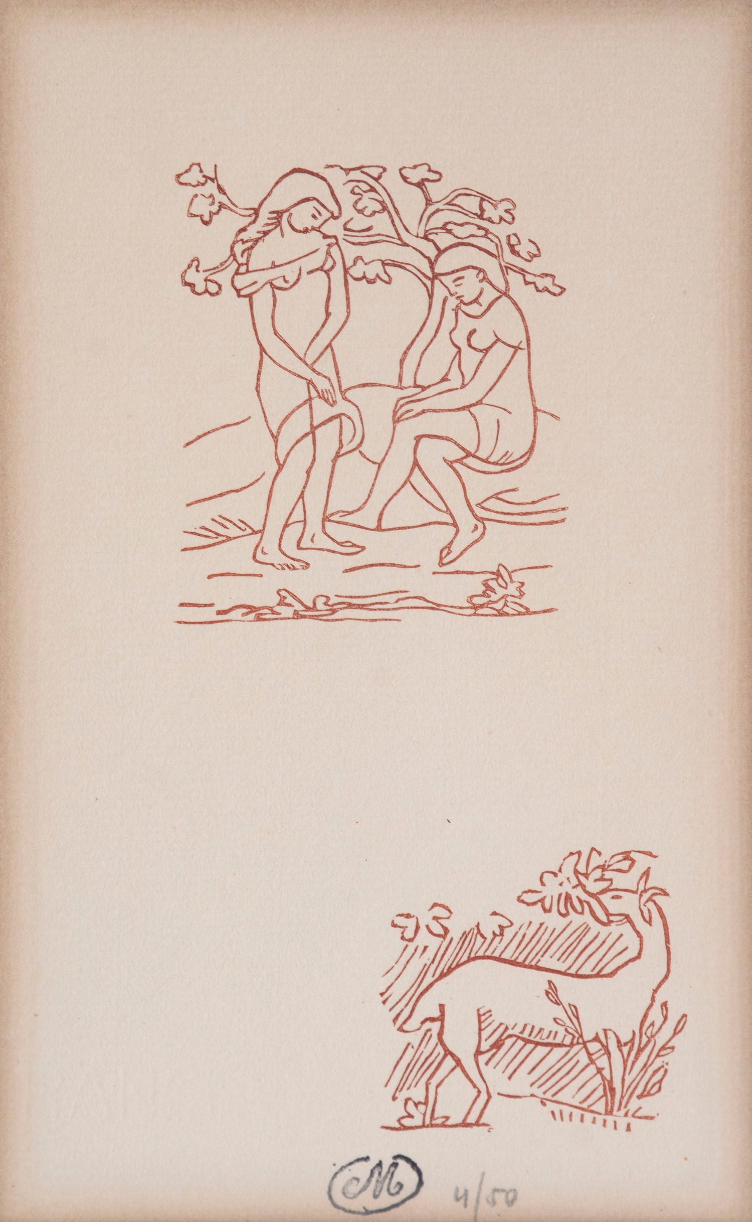 Aristide Maillol (1861-1944) French: ODES D’ HORACE series, sepia woodcut, signature stamped lower center, numbered 4/50 in pencil, sight 8 x 5”, frame 18 x 13 ¾” with glass.