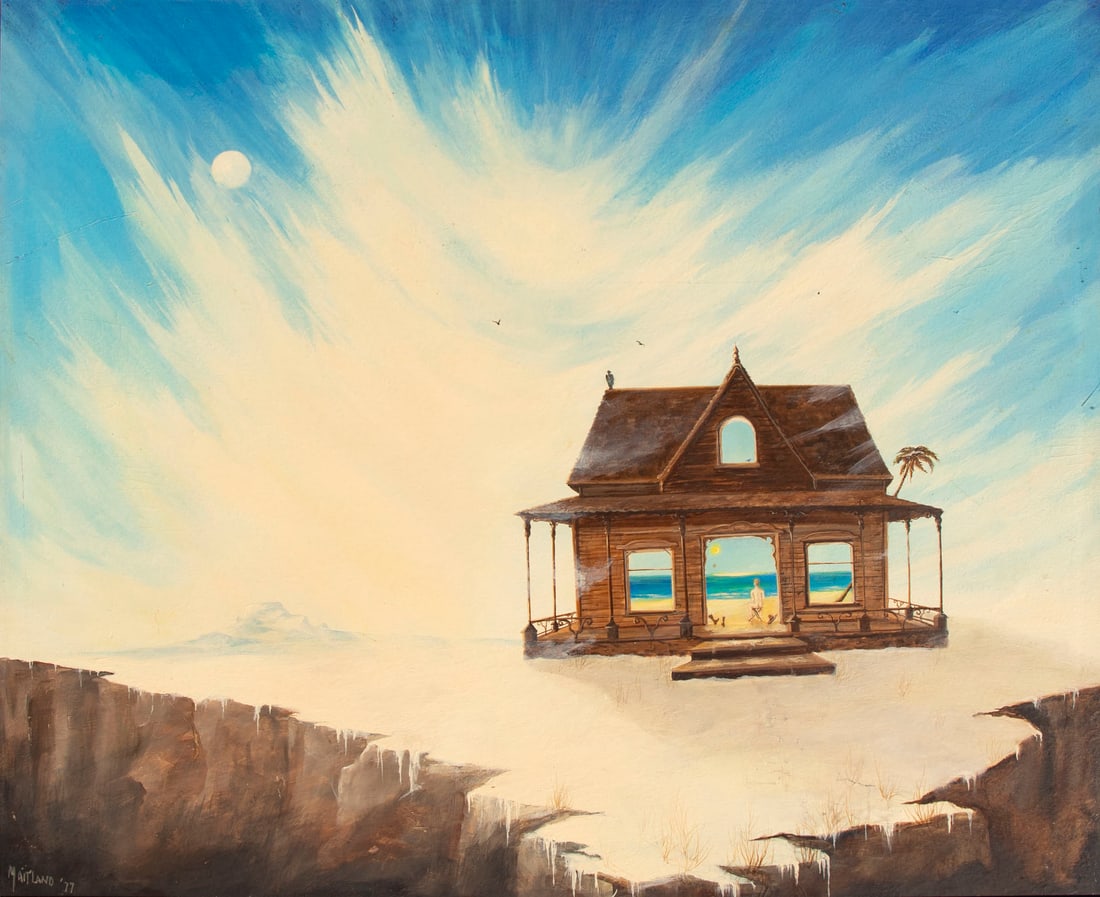 Richard Maitland (1928-2014): SURREALIST HOUSE WITH NUDE MAN, 1977, oil painting on Masonite, signed lower right, 24 x 30”, frame 26 ¼ x 32 ¼”.