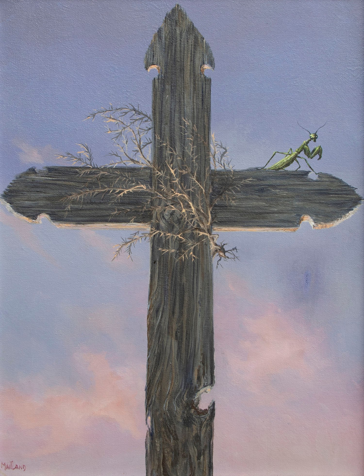 Richard Maitland (1928-2014) American: MATIN-MATUTA MANTIS, circa 1984, oil painting on canvas, signed lower left, 18 x 14”, frame 22 ¾ x 18 ¾”.