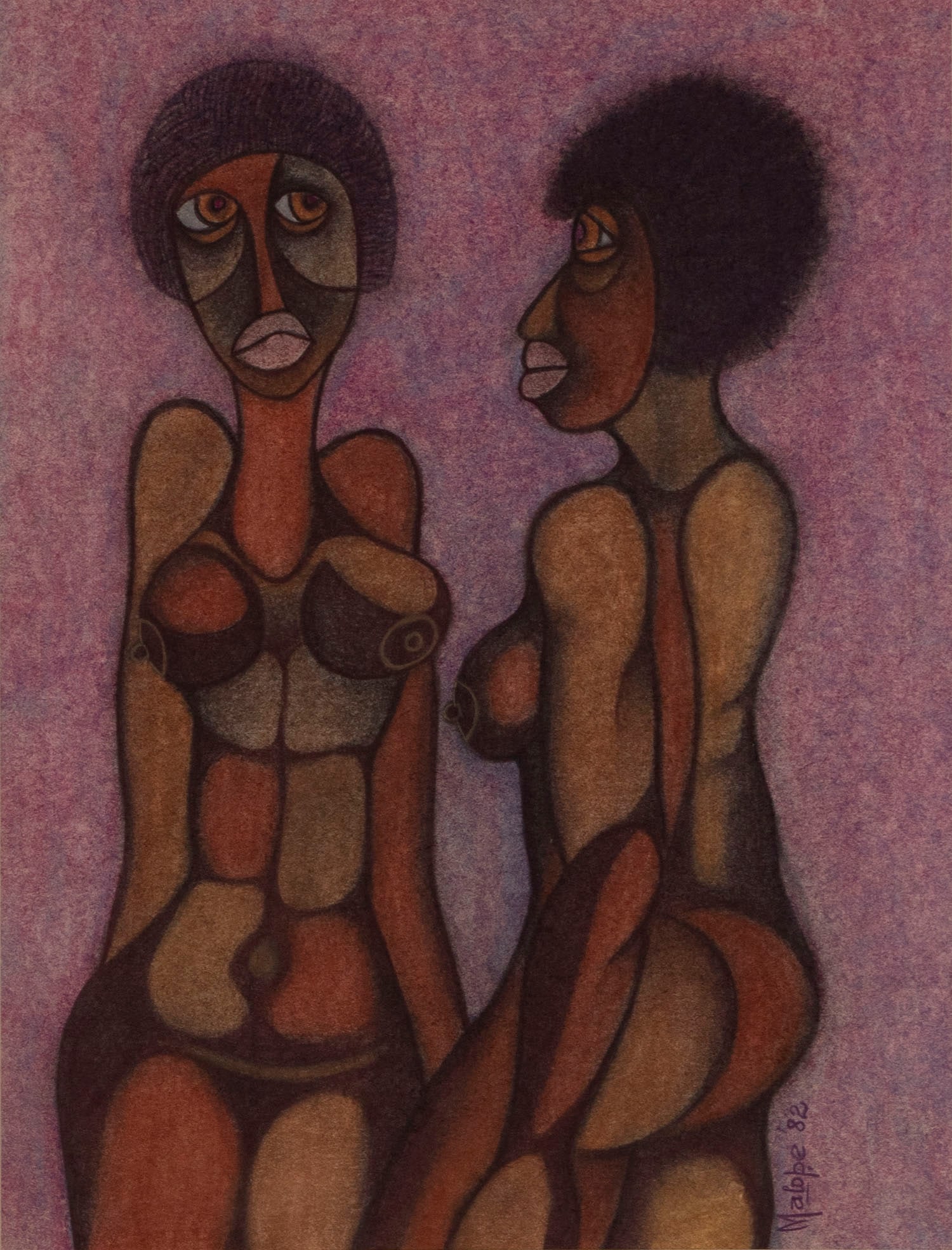 Solly Malope (b. 1953) South Africa: TWO NUDE WOMEN, 1982, color pastel on paper, signed and dated lower right, sight 21 ½ x 16 ½”, frame 33 x 28” with glass.