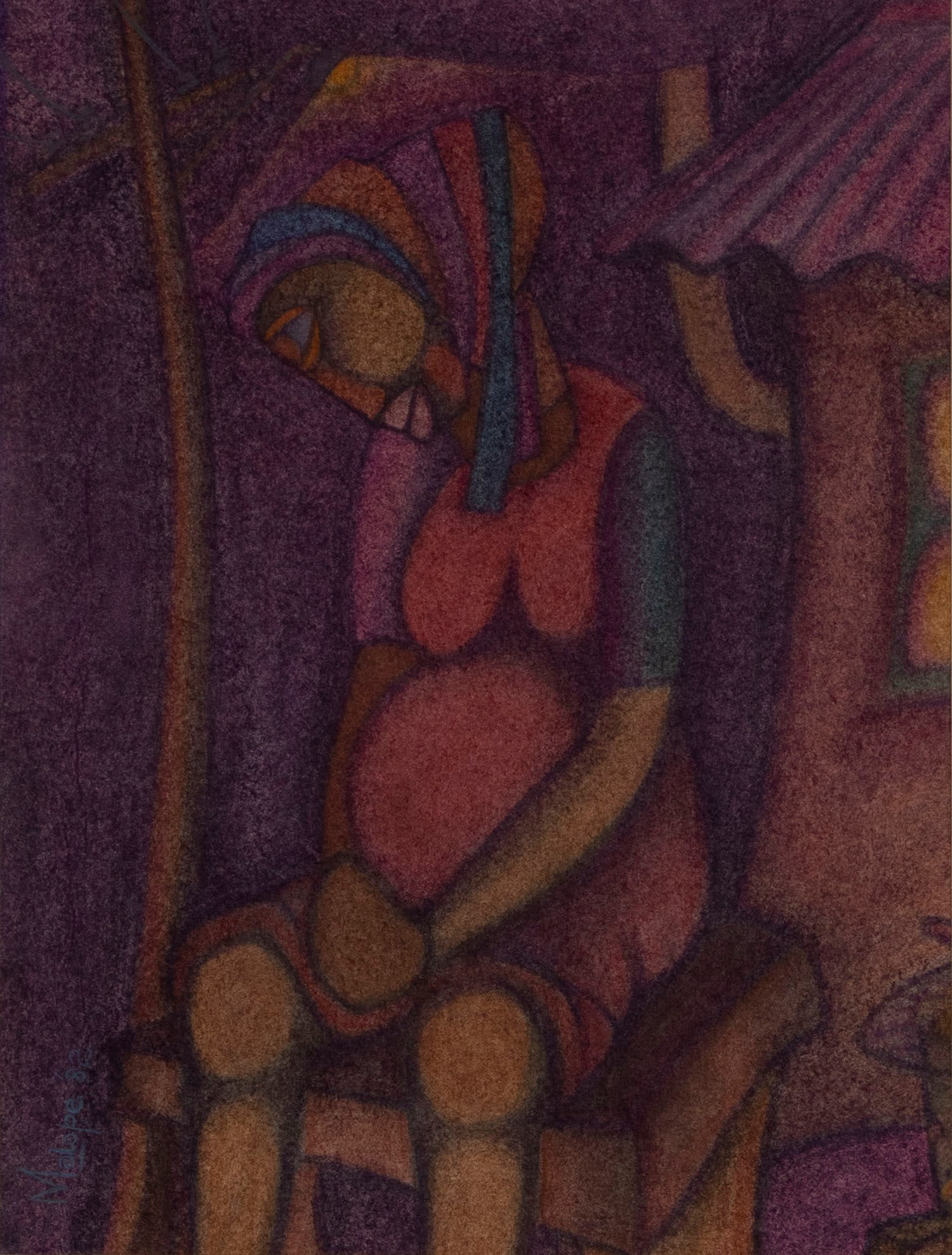 Solly Malope (b. 1953) South Africa: SEATED WOMAN, 1982, color pastel on handmade colored paper, signed and dated lower left, sight 21 ½ x 16 ½”, frame 33 x 28” with glass.