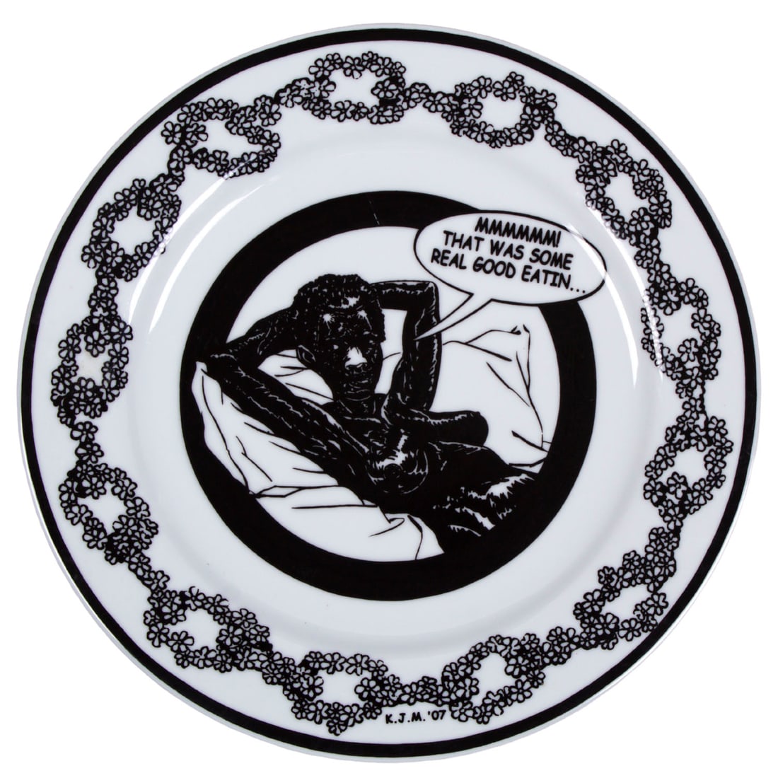 Kerry James Marshall (b. 1955) Alabama: THAT WAS SOME REAL GOOD EATIN’ from Santa Monica Museum of Art 20th Anniversary Plate, 2008, glazed porcelain plate with printed decoration, initialed and dated 07 underneath, from a limited edi
