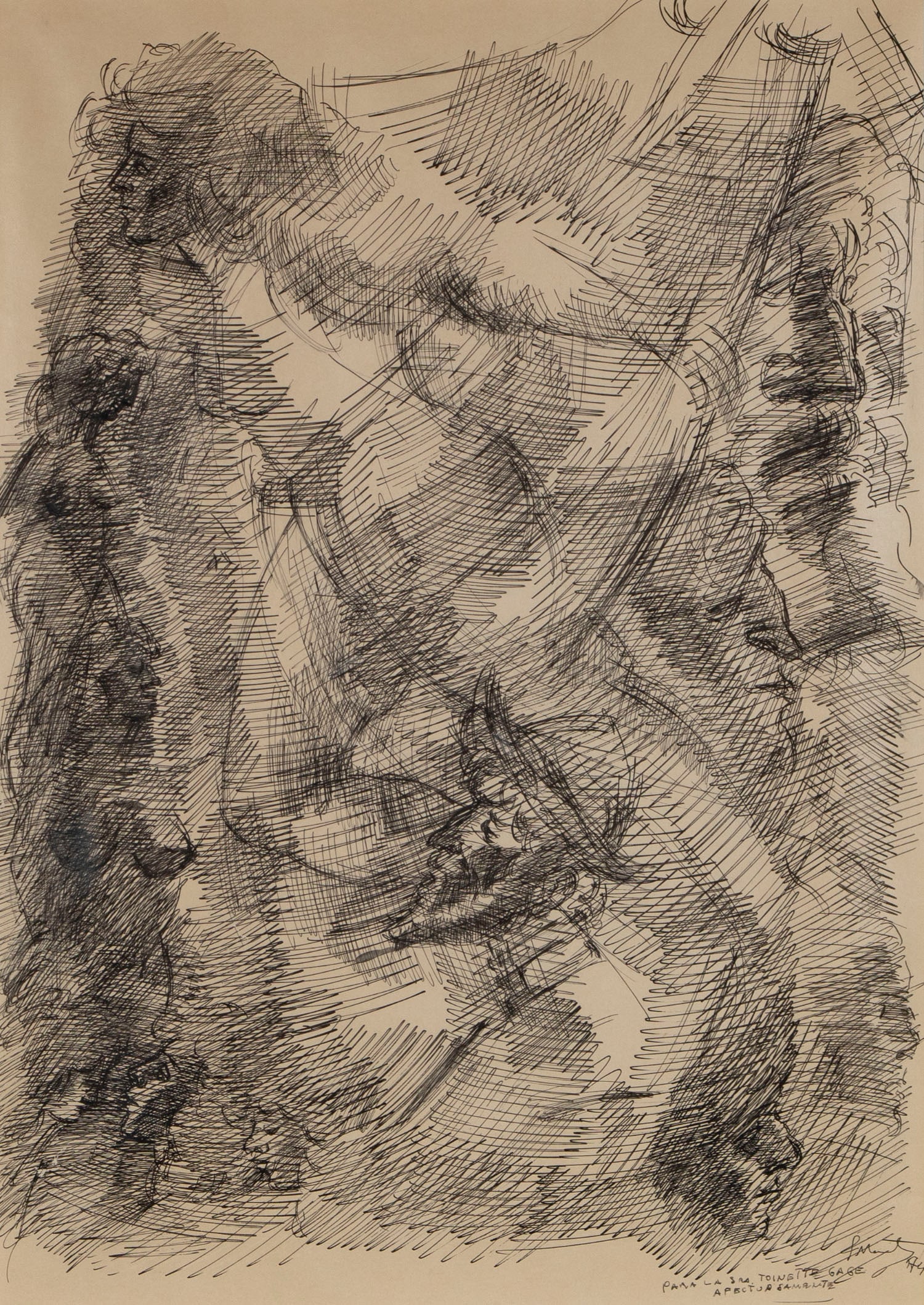 Juan Martin (1913-1999) Spanish: HIDDEN FIGURES WITH NUDE WOMEN, 1974, ink drawing on buff paper, signed and dated and inscribed in ink lower right, sight 24 ½ x 17 ½”, frame 31 ½ x 25 ½” with glass.