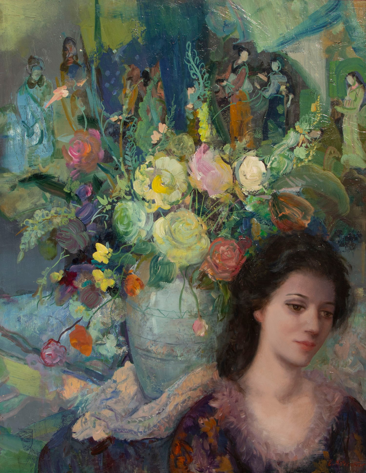 Emma Matzenaur (20th Century) American: GIRL WITH VASE OF FLOWERS, oil painting on board, signed lower right, 30 x 24”, frame 33 x 27”.