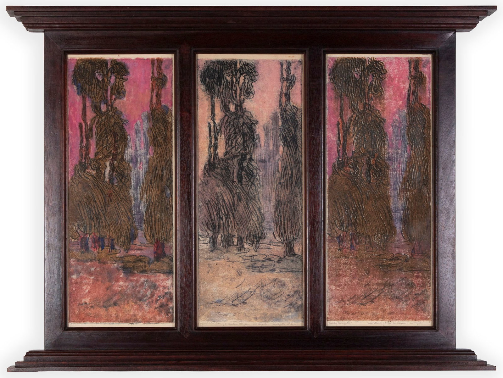 Nell Brooner Mayhew (1876-1940) Illinois: EVENING EUCALYPTUS, triptych, color etching monotype on three sheets of handmade paper, signed and titled and inscribed twice in pencil, in customized wood frame overall 26 ¾ x 35 ½ x 3̶