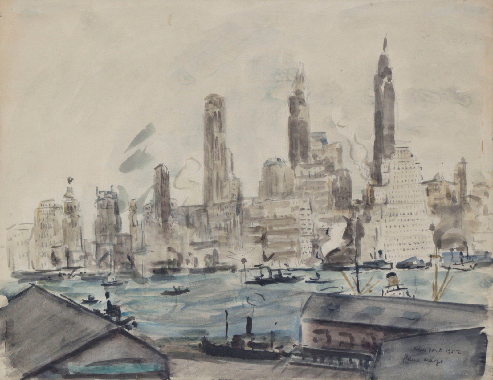Paul Lucien Maze (1887-1979) French: MANHATTAN NEW YORK 1952, watercolor on paper, signed and titled lower right, 15 ¼ x 22 ¼”, frame 25 ¾ x 30 ¾” with glass.