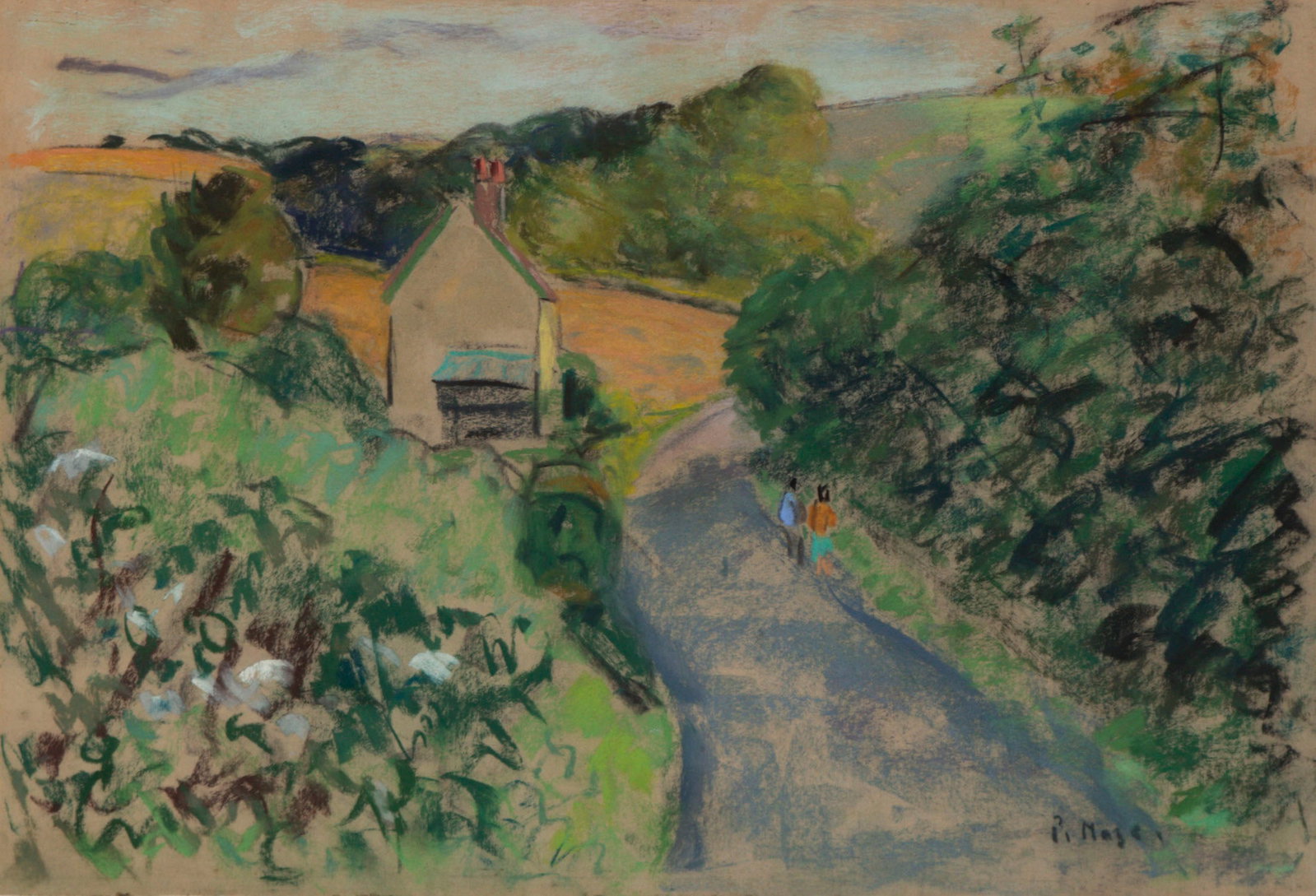 Paul Lucien Maze (1887-1979) French: COUPLE ON COUNTRY ROAD, color pastel on paper, signed lower right, 14 ½ x 21 ¾”, frame 22 ¼ x 29 ¼” with glass.