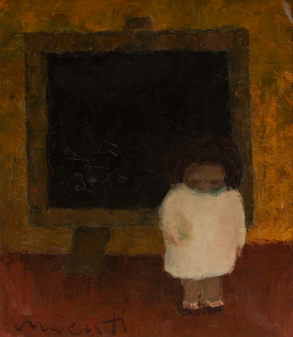 Marcello Innocenti Merisi (20th / 21st Century) Italy: CHILD AT CHALKBOARD, 1965, oil painting on canvas, signed lower left, signed and dated on verso, 22 ¼ x 19 ¼”, frame 26 ½ x 23 ½”.
