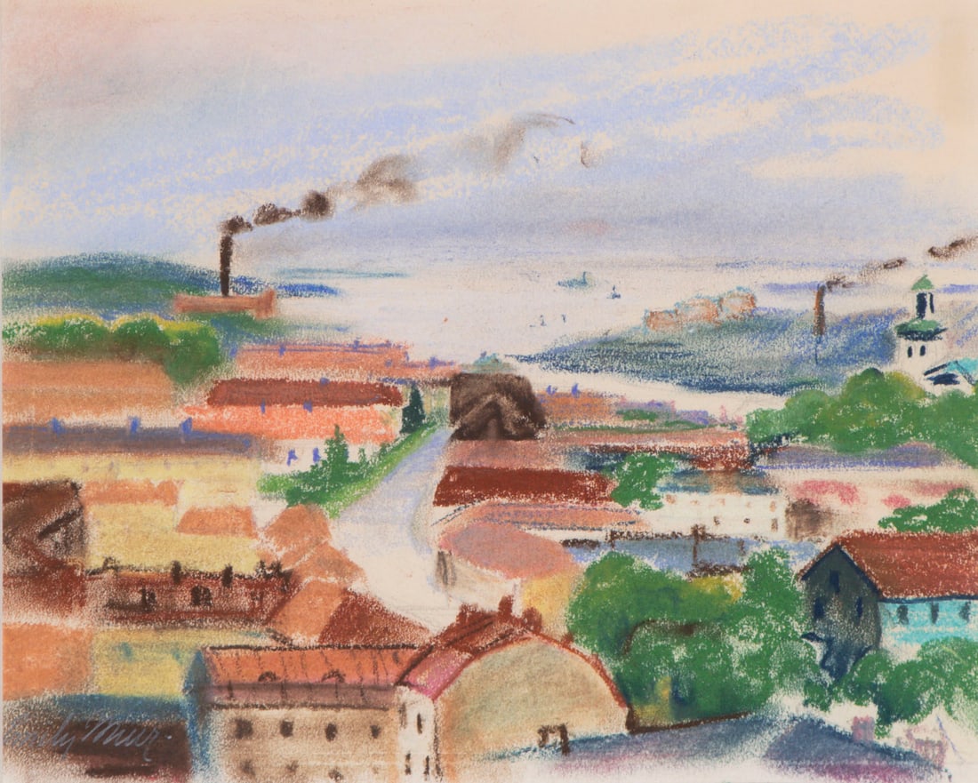 Emily Muir (1904-2003) Maine: INDUSTRIAL TOWNSCAPE, color pastel on paper, signed lower left, sight 8 ½ x 10 ½”, frame 14 ½ x 16 ½” with plexiglass.