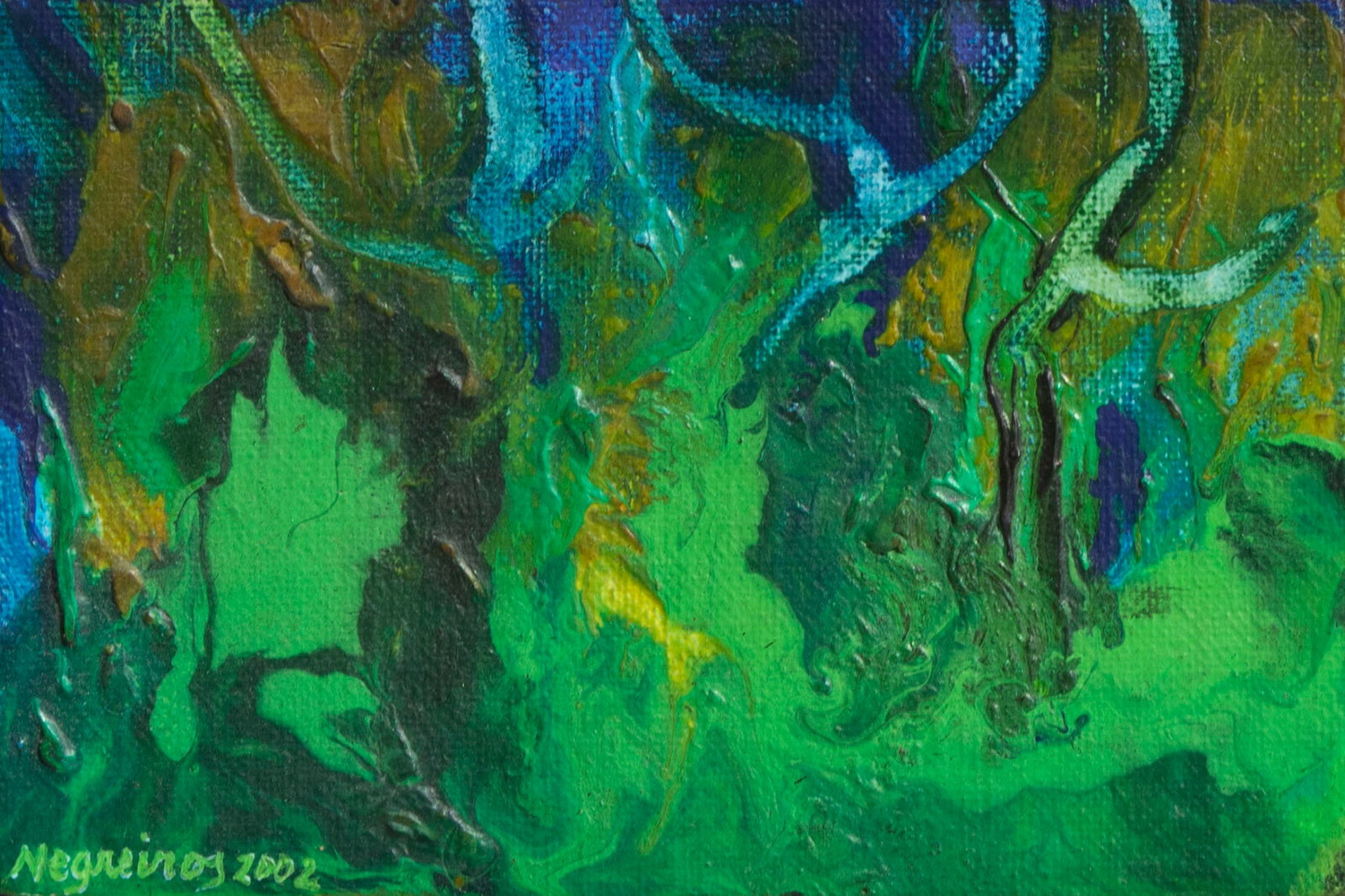 Maria Thereza Negreiros (b. 1930) Brazil: SELVA (Jungle), 2002, oil painting on textured panel, signed and dated lower left, signed and dated and titled on verso, 4 x 6”, frame 8 ½ x 10 ½”.
