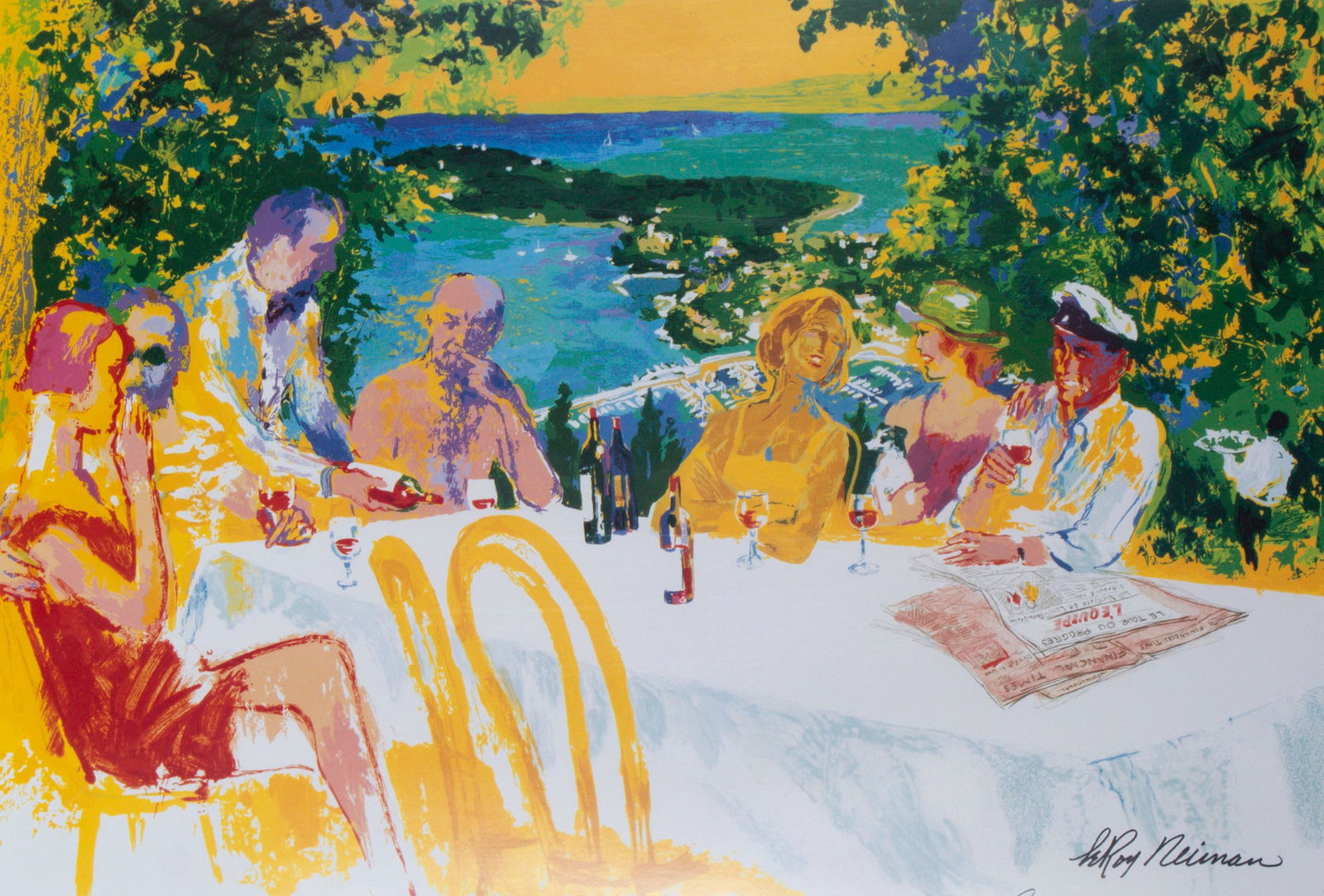 Leroy Neiman (1921-2012) American: WINE ALFRESCO (Knoedler 81), 2000, color print, signed in ink and with copyrighted lower right, image 19 ¼ x 28 ½”, full margins, frame 29 ½ x 38 ¼” with plexiglass,
