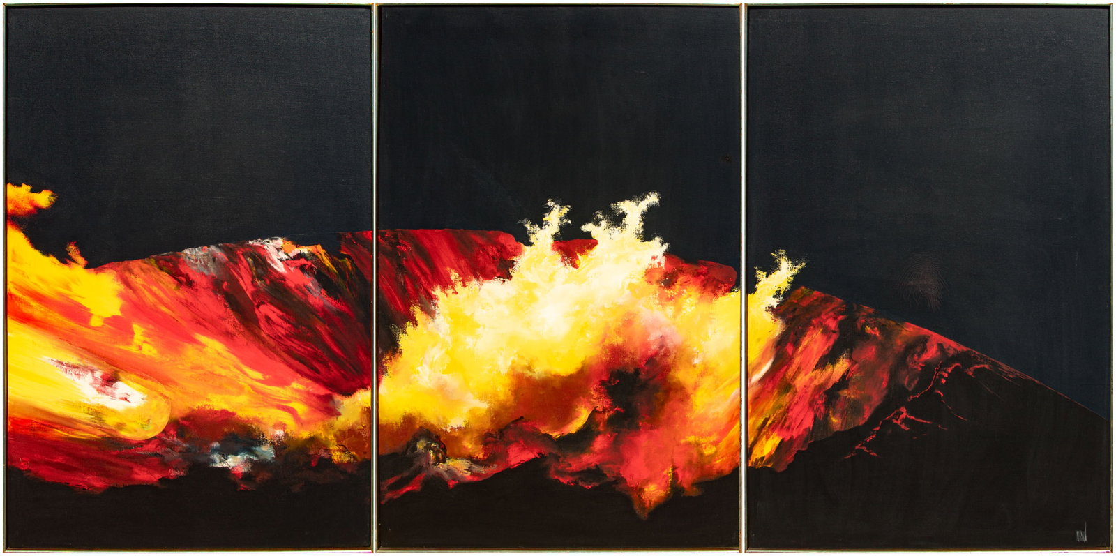 Dianne Neuman (1946-2021) Mexico: ABSTRACT, 1973, triptych, oil painting on three canvases, signed lower right of right panel and on verso, each panel 36 x 24”, overall 36 x 72 ½” with frames.