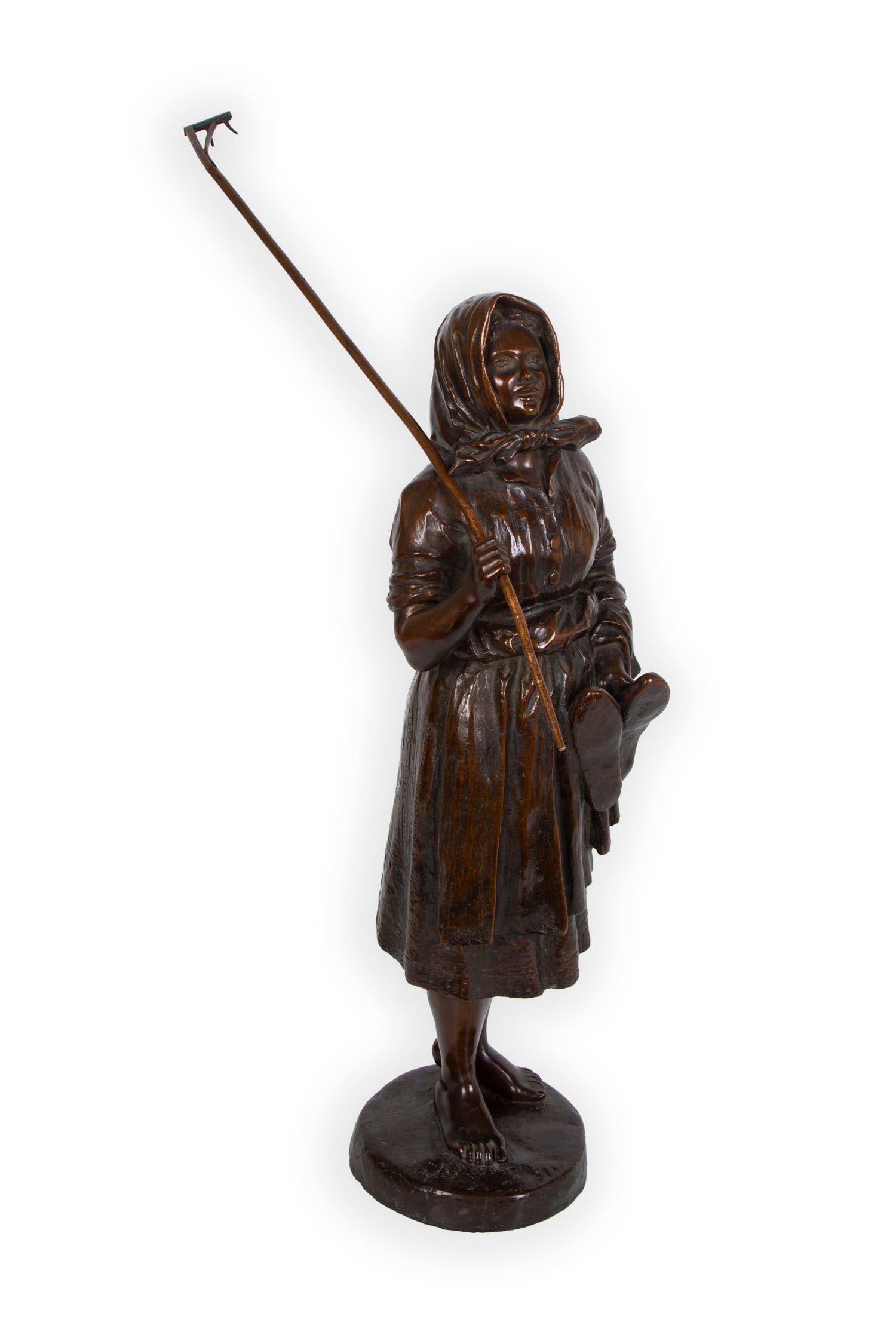 Guss V.H. Noack Berlin Foundry (19th/ 20th Century) German: STANDING GIRL WITH RAKE, 1896, cast bronze sculpture with dark brown patina, signed Muth and dated at base, with Guss V.H. Noack Berlin Foundry mark on verso base, 17 ¾” tall, weight 18