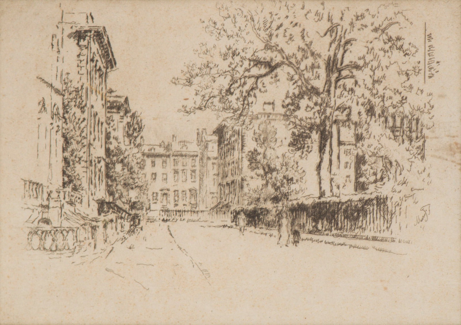 Joseph Pennell (1857-1926) American: MONTAQUE TERRACE, No. 1, etching, signed in pencil, plate 6 ¾ x 9 ¾”, full margins, frame 15 x 19” with glass.