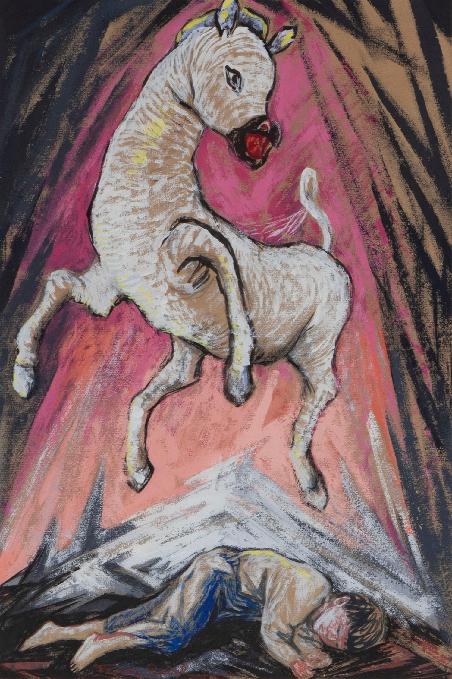 Fanny Rabel (1922-1962) Poland Mexico: A BOY’S DREAM OF A HORSE, circa 1962, acrylic painting on paper, signed lower right, sight 18 x 12”, frame 27 x 21” with glass.