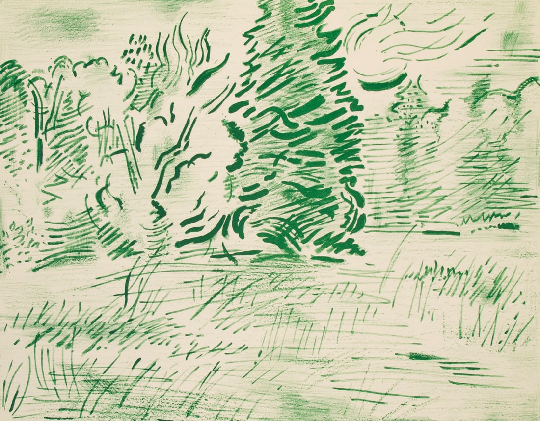 Karl Schrag (1912-1995) German: SUNFILLED LANDSCAPE, 1988, color lithograph, signed, dated, titled and inscribed in pencil, from an edition of 120, printer’s blind stamp lower left, image 18 x 24 ¼”, sheet 22 x 30&#