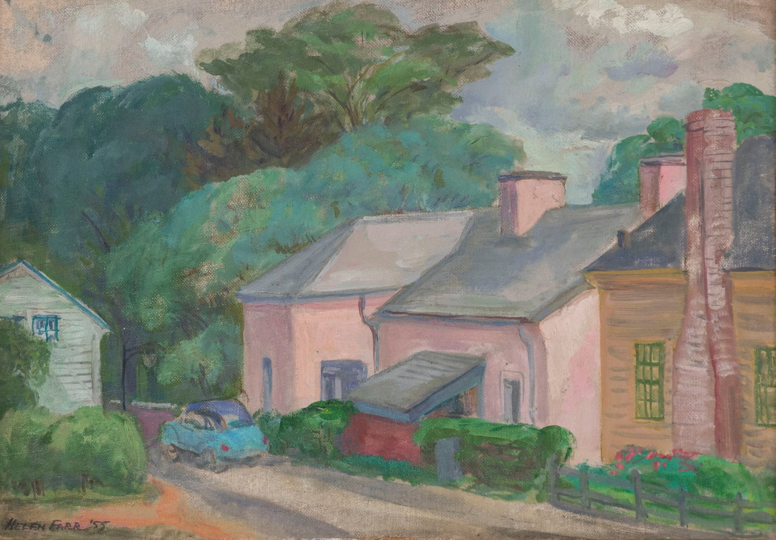 Helen Farr Sloan (1911-2005) New York Delaware (wife of John Sloan): STREET SCENE, 1955, oil painting on canvas board, signed and dated lower left, 10 x 14”, frame 14 x 18”.