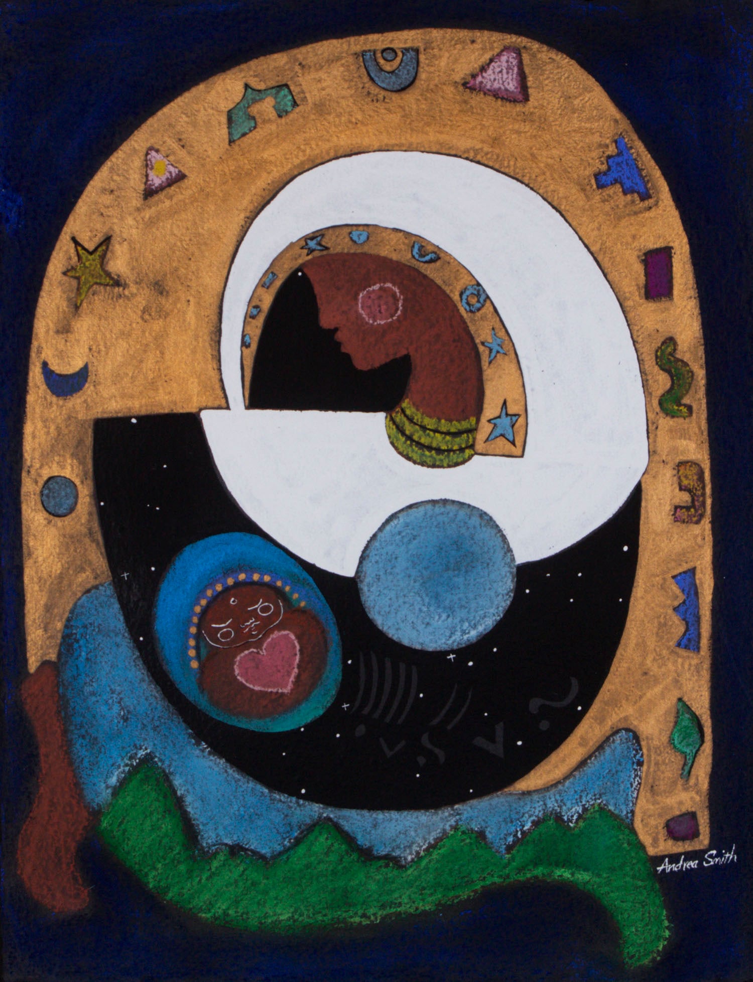 Andrea Smith (20th Century) Hawaii: MOON GODDESS, acrylic and pastel on hand made paper, signed lower right, 26 x 20”, frame 40 ¾ x 35 x 2 ½” with plexiglass.