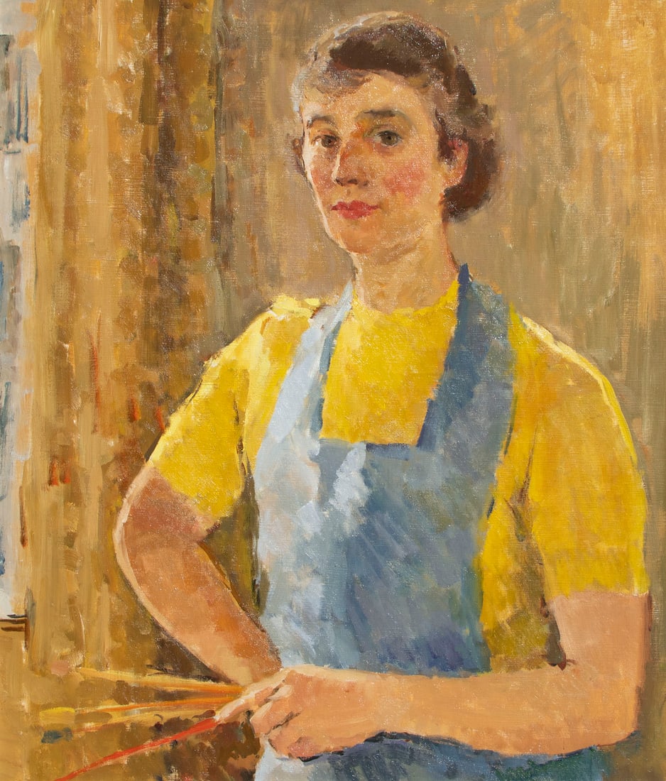 Helen Campbell Taylor (1901-1973) Illinois California: SELF-PORTRAIT, oil painting on canvas, signed on paper adhered to back of frame, 27 x 23”, frame 34 ¼ x 30 ¼ x 2”.
