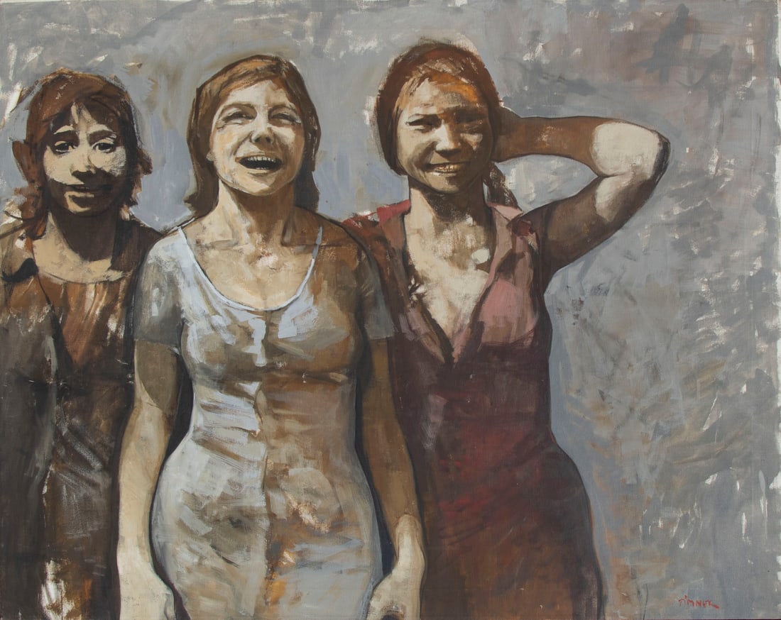 Carl Timner (1933-2014) Germany Italy: GIRLS LAUGHING, oil painting on canvas, signed lower right, 32 x 40” including discardable frame.