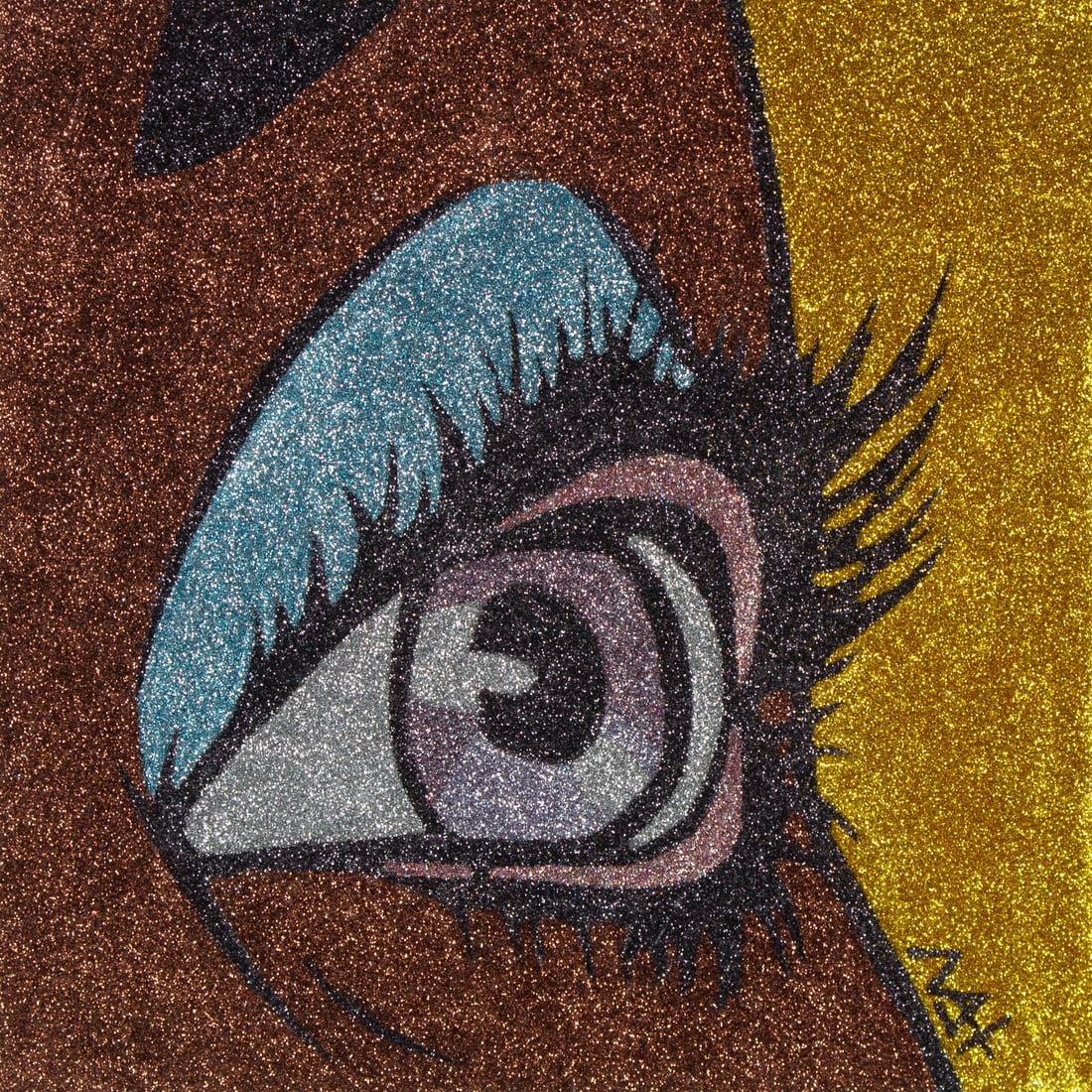 Michael Turchin (b. 1987) California Actor Pop artist: NAOMI (Eye), 2023, mixed media colored glitter on canvas, initialed lower right, signed and dated and titled on verso, 12 x 12”. From the collection of David Limburger and Sheila Silber.