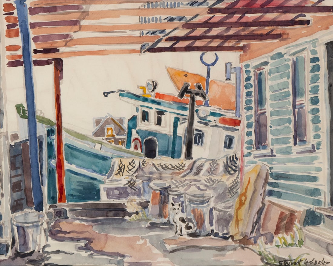 Stewart Wheeler (1906-1975) Philadelphia: HARBOR DOCK SCENE WITH CAT, watercolor on paper, signed lower right, sight 15 ½ x 19 ½”, frame 21 ¾ x 25 ¾” with thin plastic protector.