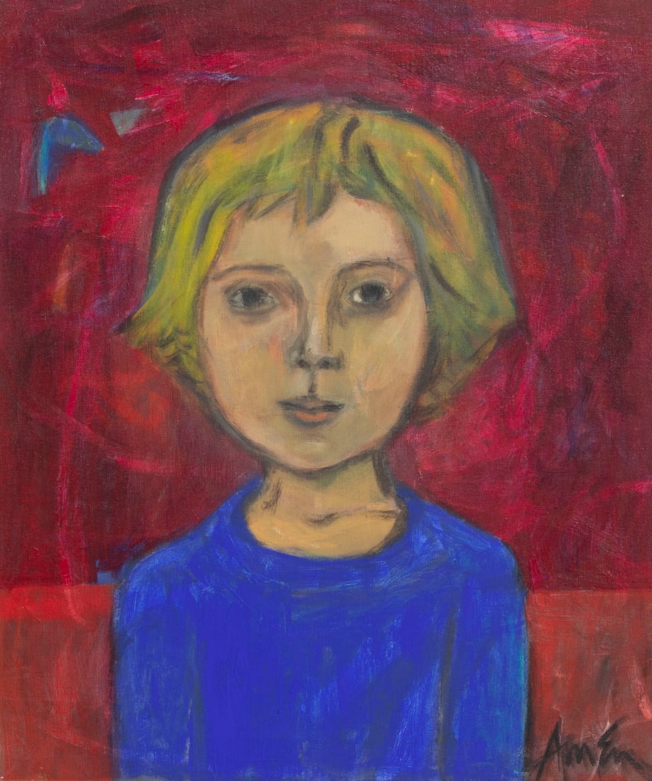 Irving Amen (1918-2011) New York: YOUNG GIRL WITH BLOND HAIR AND BLUE SWEATER, acrylic painting on canvas, signed lower right, 24 x 20?, frame 28 x 23.50?.