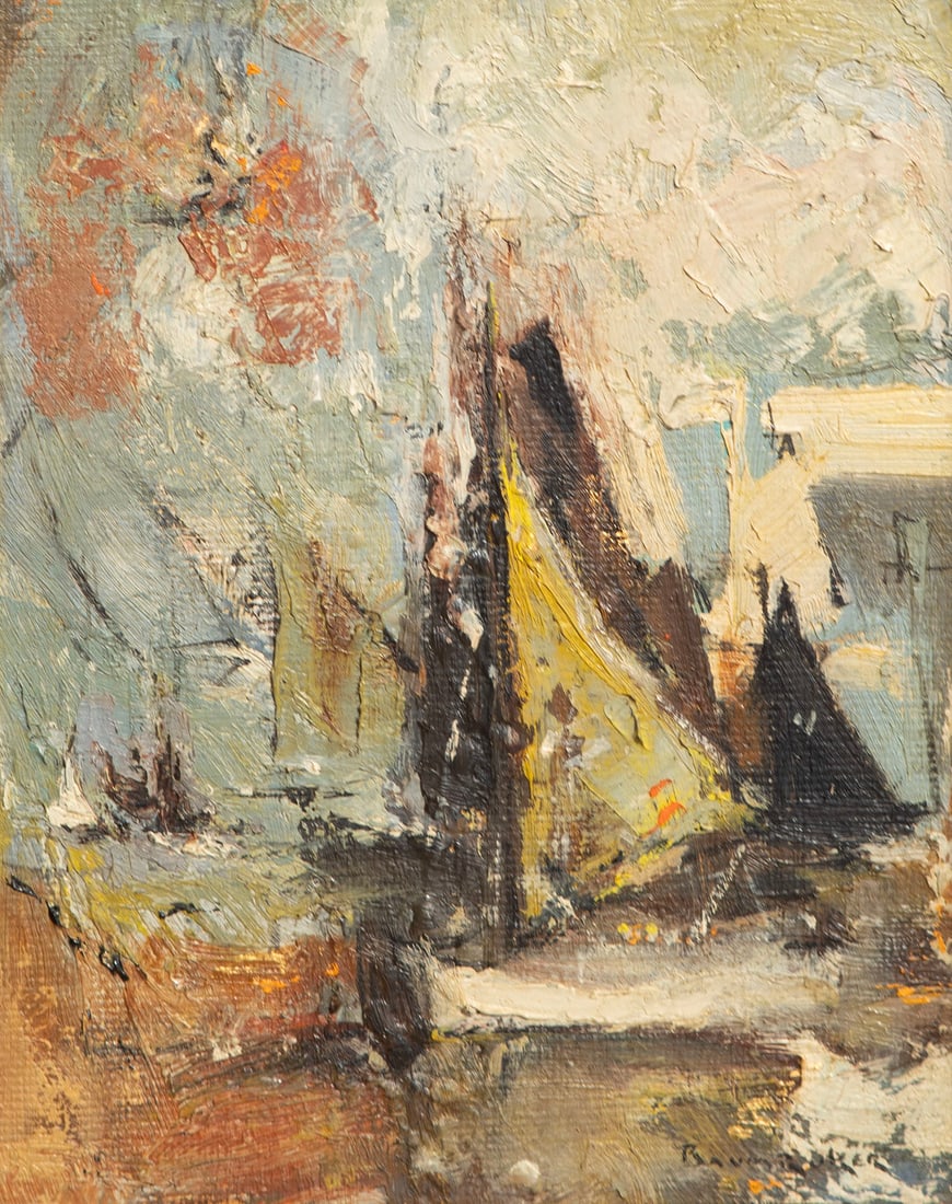 Rose Baumruker (1907-1997) California: YELLOW SAILS, acrylic painting on board, signed lower right, 10 x 8?, frame 16.25 x 14.25?. Provenance: Manhattan Galleries, Pasadena. From the Brattleboro Museum & Art Center, Vermont.