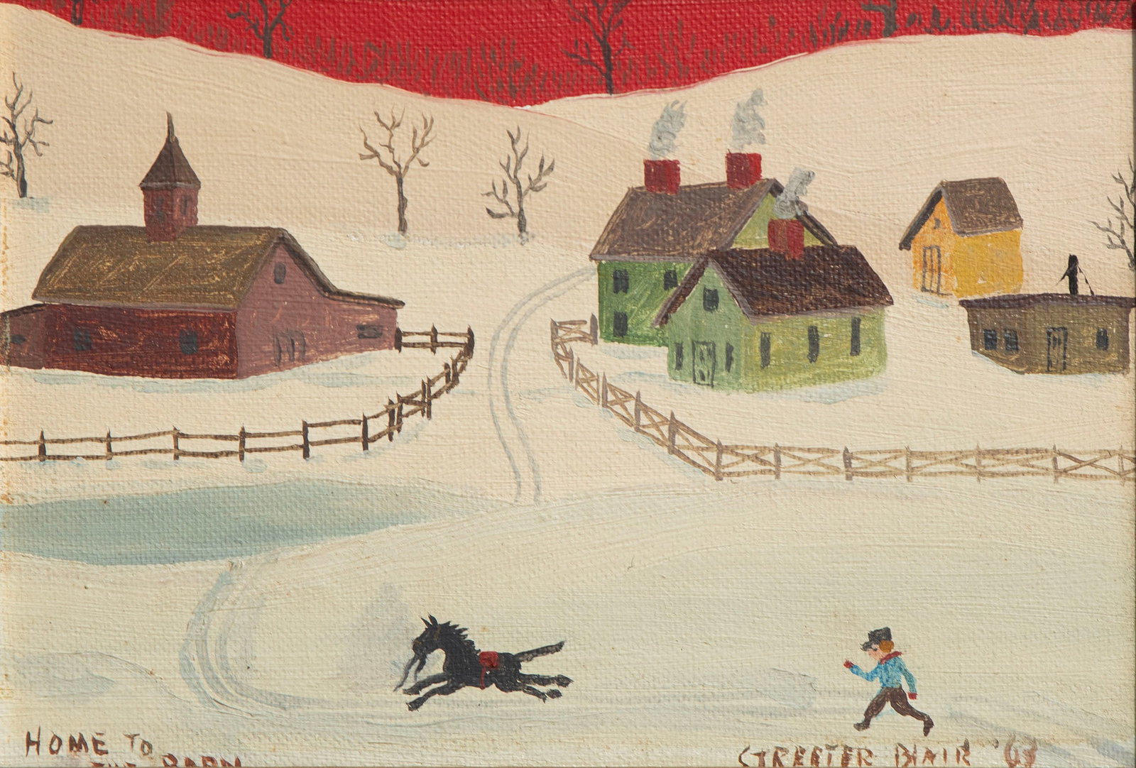 Streeter Blair (1888-19660 California: HOME TO THE BARN, 1963, oil painting on canvas board, signed and dated lower right and titled lower left, 5 x 7.50?, frame 11 x 13 x 1.75?. Provenance: Sari Heller Gallery, Beverly Hills. From the Bra