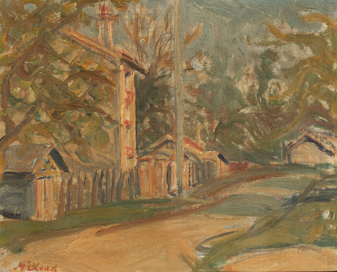 Maurice Blond (1899-1974) Poland: PAYSAGE AVEC LA PALISSADE ROSES, oil painting on canvas, signed and dated lower left, 15 x 18?, frame 24 x 26.75 x 2?. Purchased from Cowie Galleries, Los Angeles. From the Brattleboro Museum & Art Ce