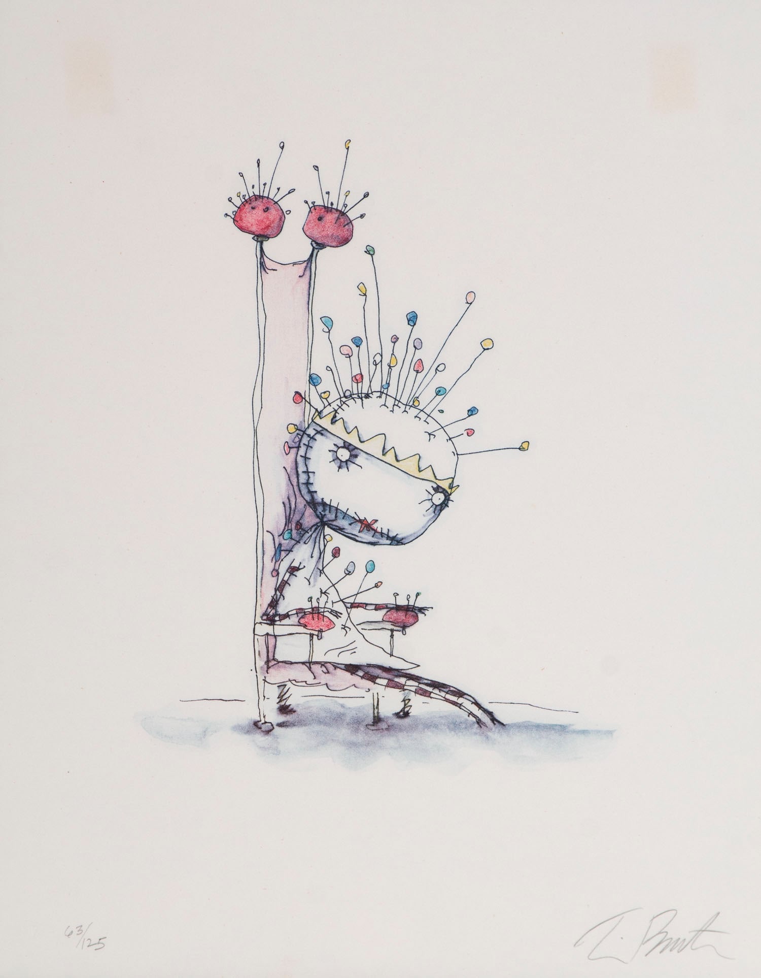 Tim Burton (b. 1958) American & Keith Haring attribution (two): THE PIN CUSHION QUEEN from the book The Melancholy Death of Oyster Boy and Other Stories, 1997, color lithograph, signed and numbered 63/125 in pencil, seashell blind stamp lower left, sheet 15.25 x 1