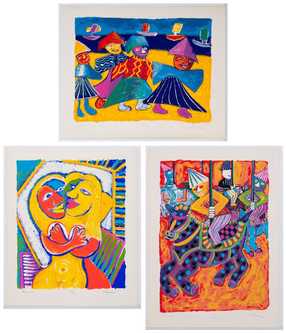 Tongyull Chae (b. 1951) Korean (three): DANCERS ON THE BEACH; HONEYMOONERS; CAROUSEL, three color screenprints, each signed and titled and numbered editions of 250 in pencil, sheets 26.25 x 33?, 29.75 x 26.50?, 35.25 x 26.25?. (3)
