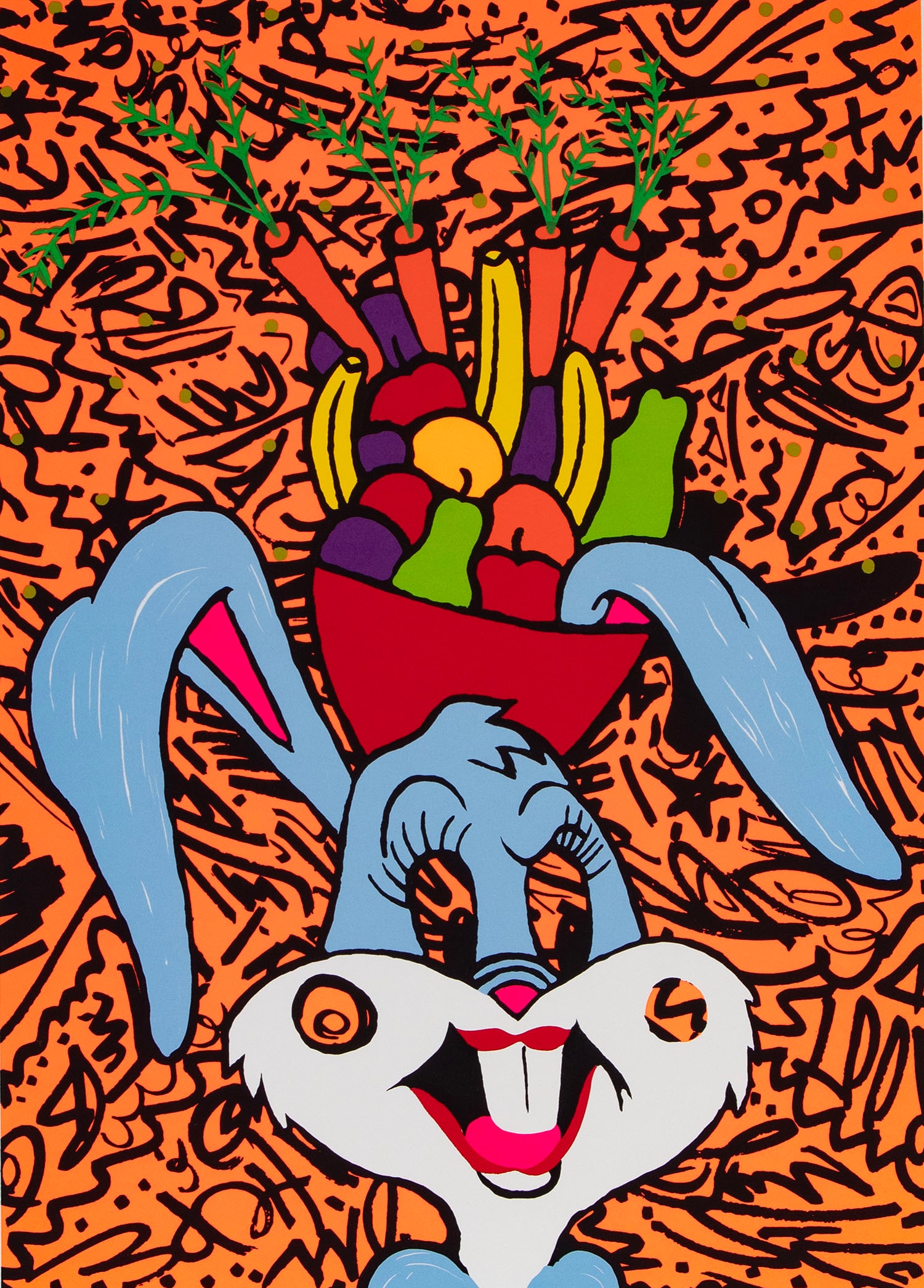 Ronnie Cutrone (1948-2013) American: BUGSY MIRANDA, color screenprint, signed and numbered edition of 250 in pencil, image 22.75 x 16", sheet 30 x 22.50?. Note: Cover art for the book ?New, Used & Improved Art for the 80s? by Peter Frank