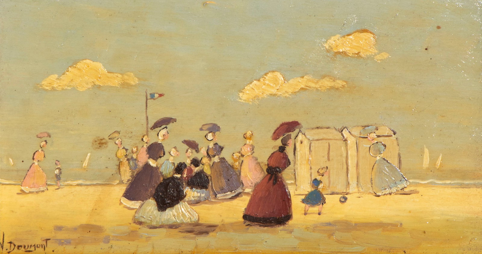 Victor Doumont (b. 1946) Belgium: JOURNEE A LA PLAGE, oil painting on panel, signed lower left, 5 x 8.50?, frame 8.25 x 11.75 x 2?.