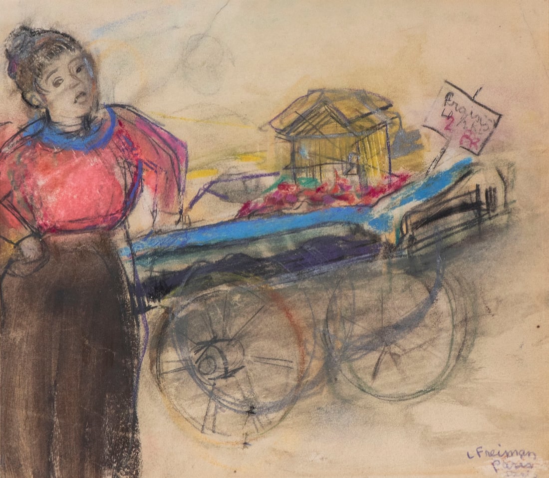 Lillian Freiman (1908-1986) Canada New York: STRAWBERRY SELLER, color pastel on paper, signed lower right, sight 8.75 x 10?, frame 16.75 x 20? with glass.