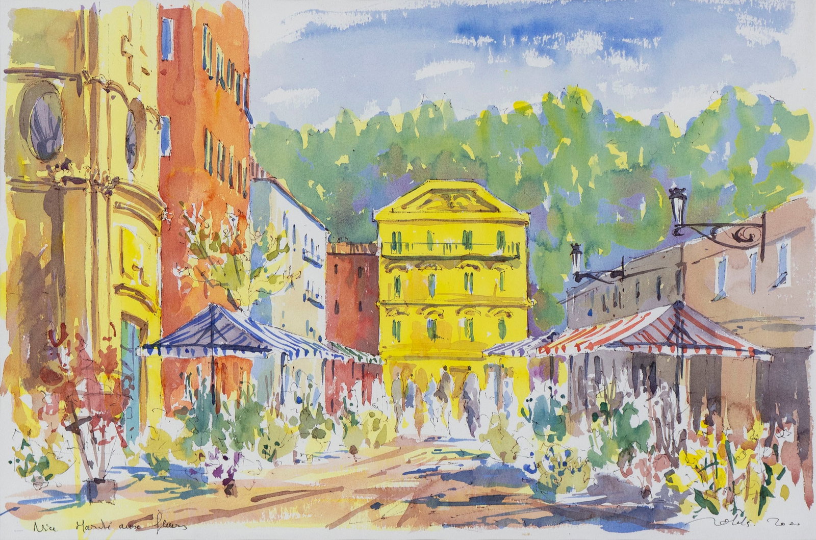 French School (20th Century): NICE FLOWER MARKET, watercolor on paper, signed and titled in ink, sight 14 x 21?, frame 23.75 x 31? with glass and with certificate on back.