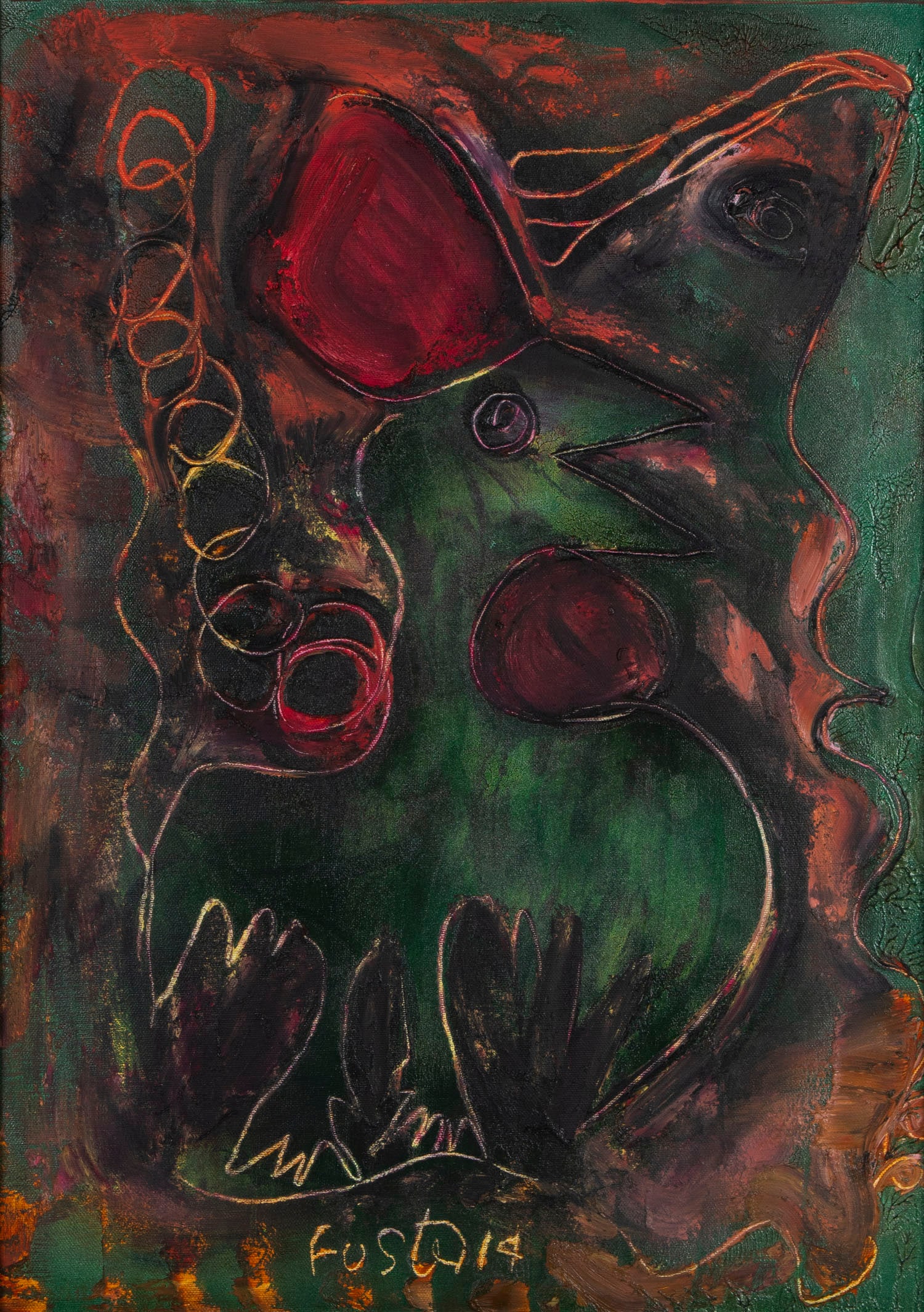 Jose Rodriguez Fuster (b. 1946) Cuban: GREEN ROOSTER, 2014, acrylic painting with incised design on canvas, signed lower center, 21 x 15?, frame 22.75 x 16.75?.