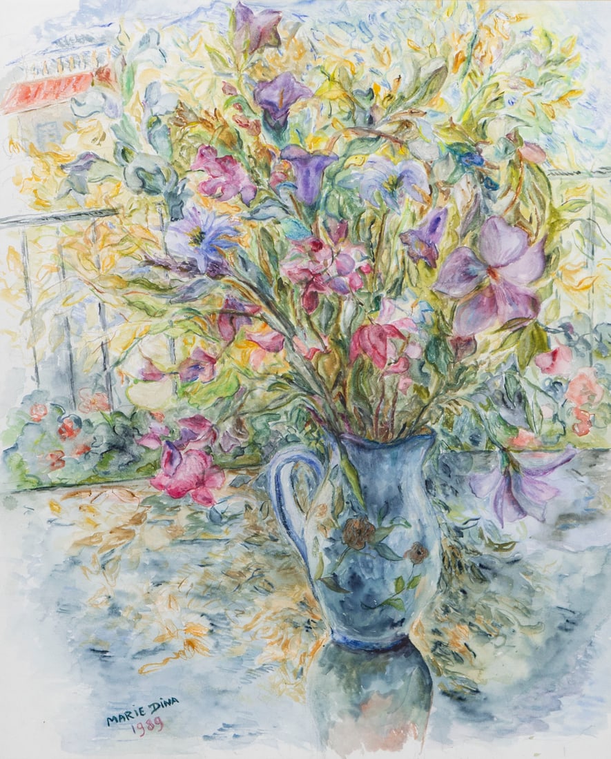 Dina Indenbaum Goiran (20th Century): FLOWERS IN BLUE VASE, 1989, watercolor on paper, signed Marie Dina and dated lower left, sight 18.50 x 15?, frame 25.75 x 21.75 with glass. Provenance: Johnson Pasadena Galleries. From the Brattleboro