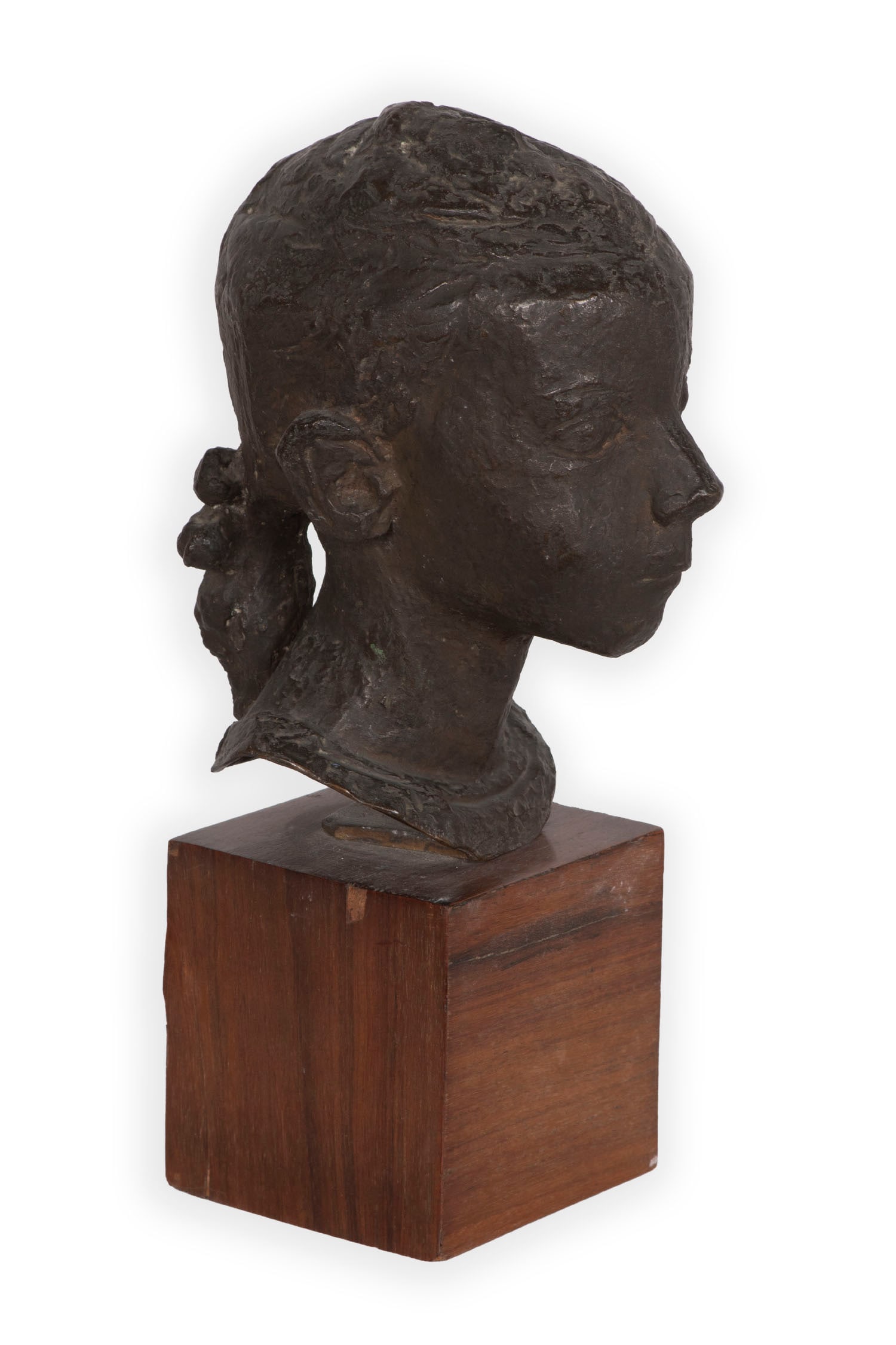 Leon Indenbaum (1890-1980) Russian French: HEAD OF GIRL WITH RIBBON & BRAIDS, cast bronze sculpture, signed, with the Cire Valsuani Perdue foundry stamp, 11 x 9 x 5?, with discardable wood base overall 16? tall. From the Brattleboro Museum & A