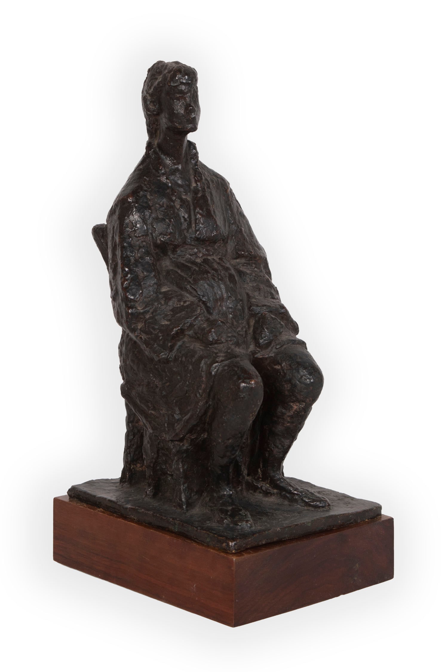 Leon Indenbaum (1890-1980) Russian French: SEATED WOMAN, cast bronze sculpture, signed and numbered 1-10, with the Cire A. Valsuani Perdue foundry stamp, 10 x 4.75 x 5.50?, with loose wood base 11.75? tall. From the Brattleboro Museum & Art Ce