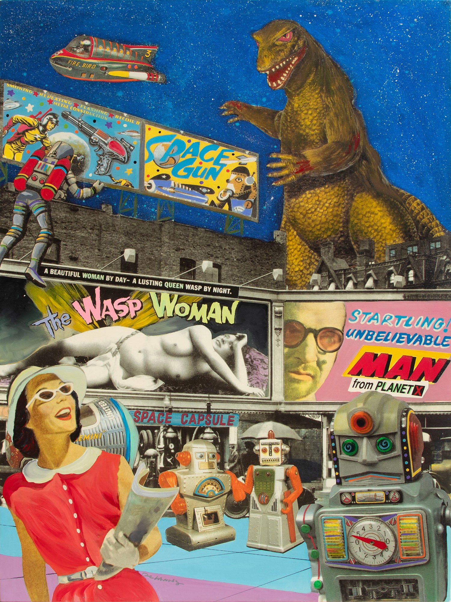 Nelson de La Nuez (b. 1959) Cuba: SCI-FI CITY, color pigment print with extensive hand acrylic painting on canvas, signed in silver marker lower right, signed and numbered 03/75 in color markers on the verso, 42.75 x 32 x 3?.