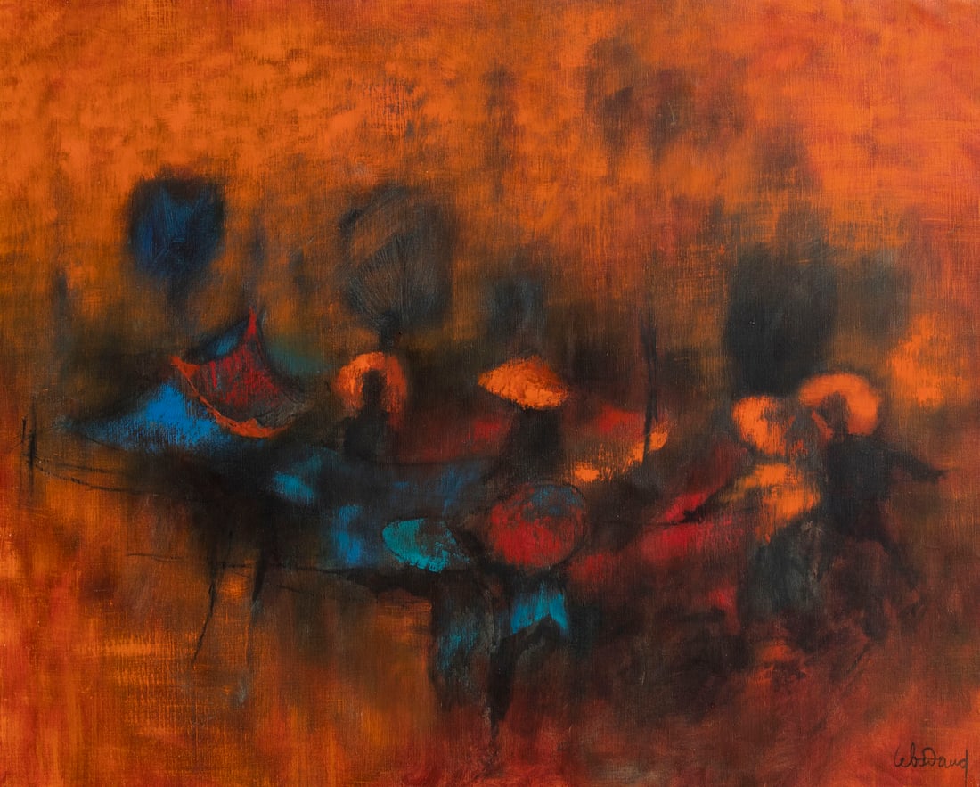 Hoi Lebadang (1921-2015) Vietnam France: LES PECHEURS AUX FILETS, circa 1970, oil painting on linen, signed lower right, signed and titled and inscribed on verso, 25.50 x 31.50?, frame 31.75 x 37.75?.