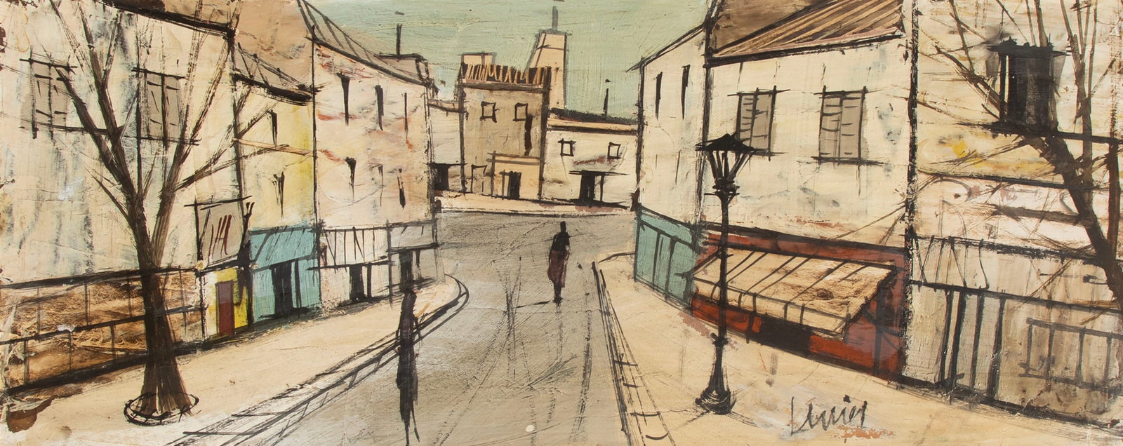 Charles Levier (1920-2003) French: LA RUE, oil painting on Masonite, signed lower right, 10.75 x 26.75?, frame 20.50 x 40 x 2?. Provenance: Manhattan Galleries, Pasadena. From the Brattleboro Museum & Art Center, Vermont.