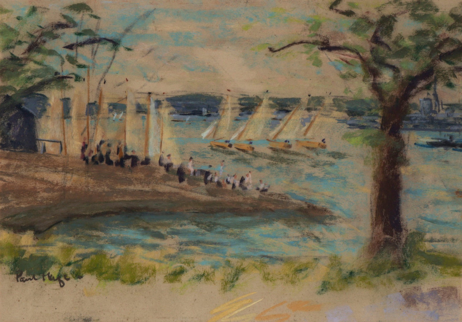 Paul Lucien Maze (1887-1979) French: WATCHING THE SAILING BOATS, color pastel on uneven trimmed paper, signed lower left, 14.75 x 21.25?, frame 22.25 x 29.50? with glass.