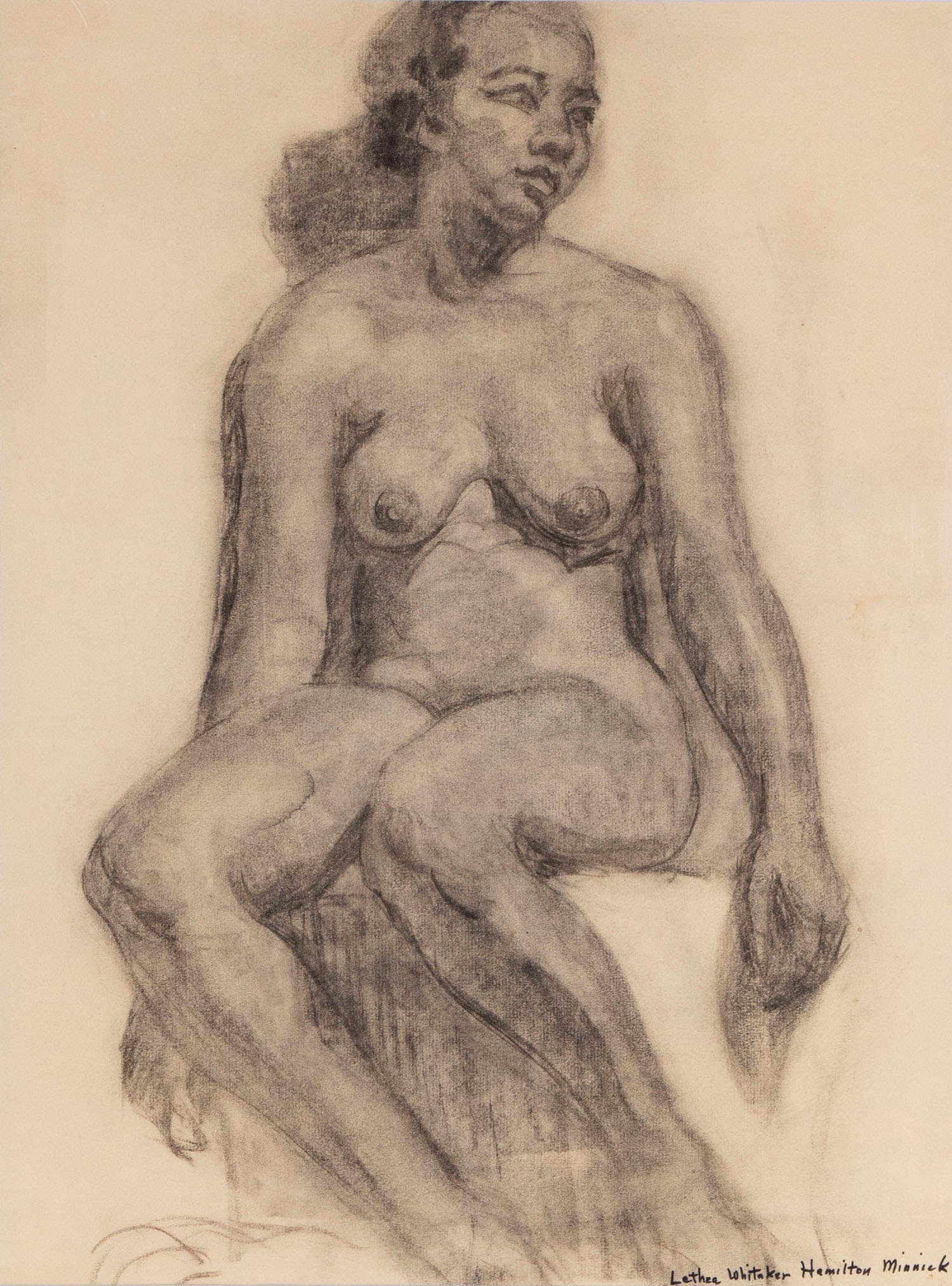 Lethea Whitaker Minnick (1891-1985) California (fourteen): GROUP OF NUDES, fourteen charcoal drawing on paper (one two sided), sheets average 25 x 19?, one signed and framed, frame 30 x 23.50? with plexiglass. (14)